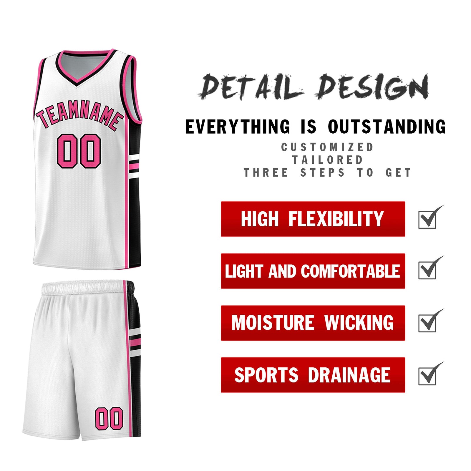 Custom Youth Basketball Jersey - White Pink Personalized Varsity Two-Tone Uniform