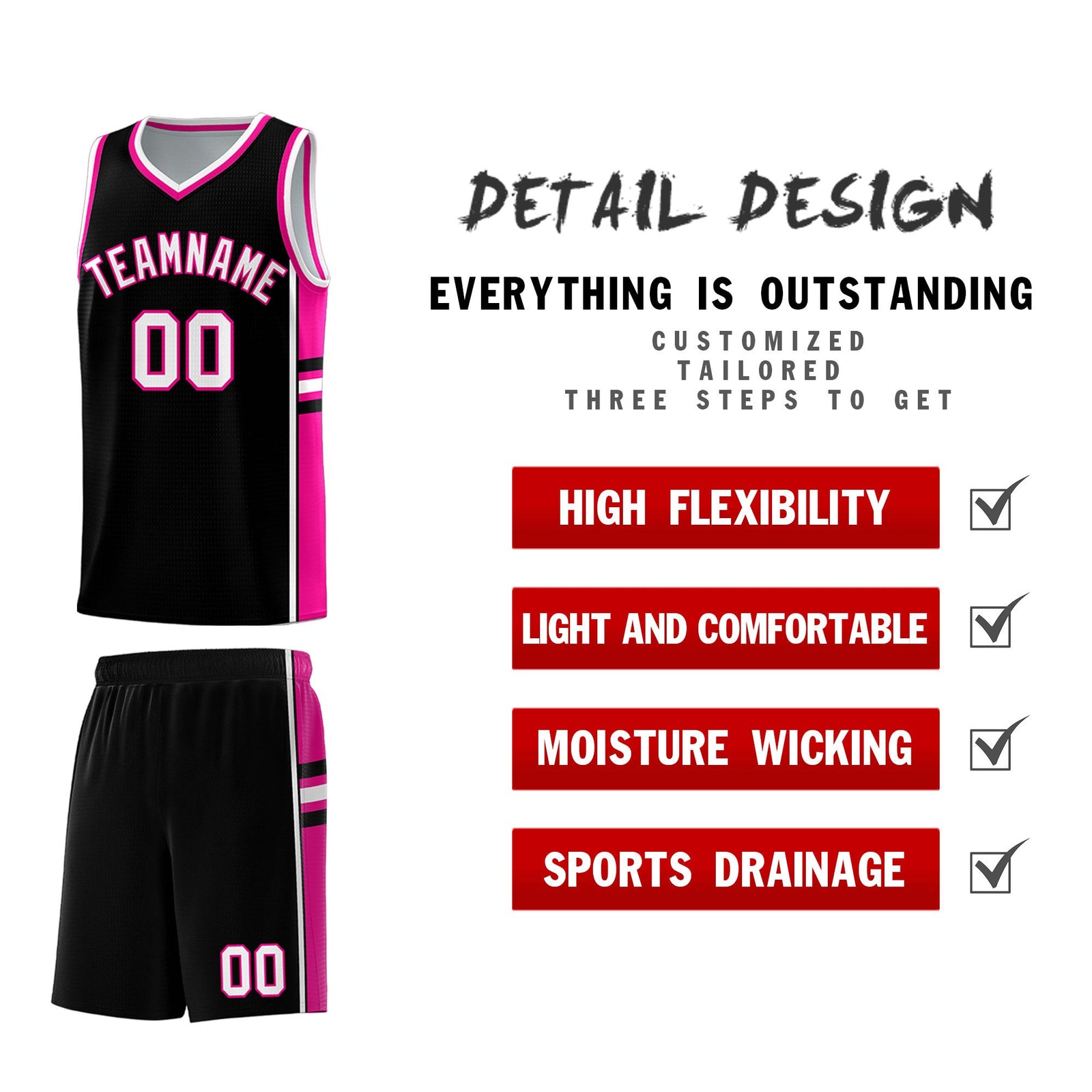Custom Youth Basketball Jersey - Black Pink Two-Tone Classic Varsity Uniform