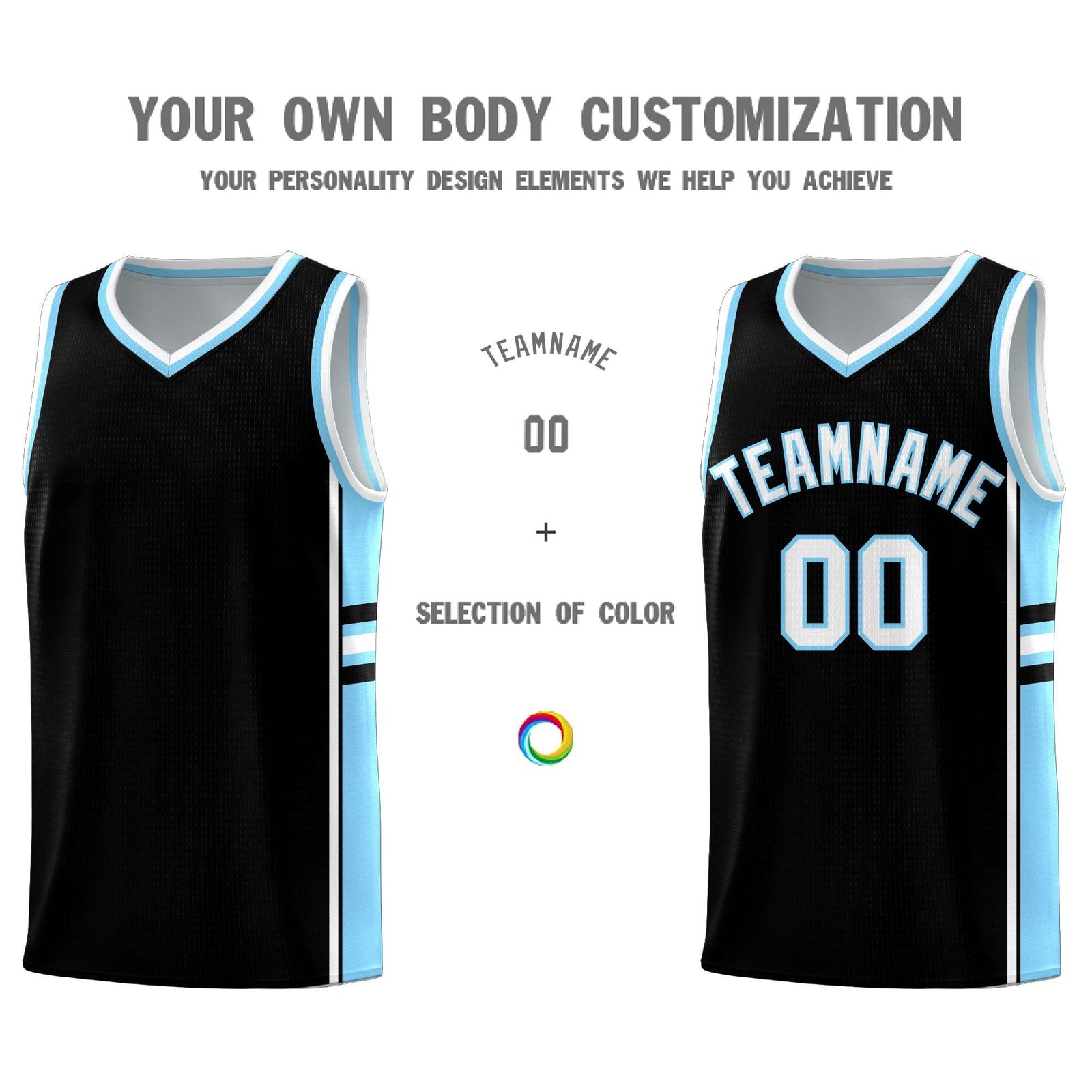 Custom Youth Basketball Jersey - Black Light Blue Two-Tone Classic Varsity Uniform