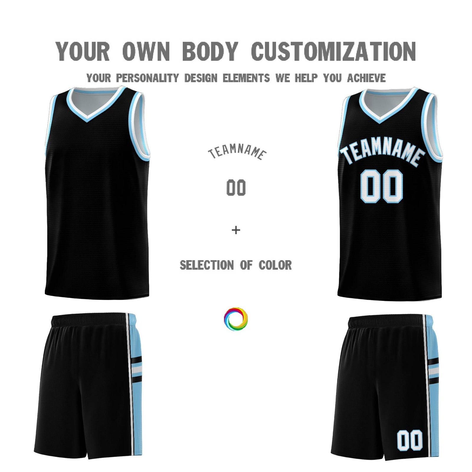Custom Youth Basketball Jersey - Black Light Blue Two-Tone Classic Varsity Uniform
