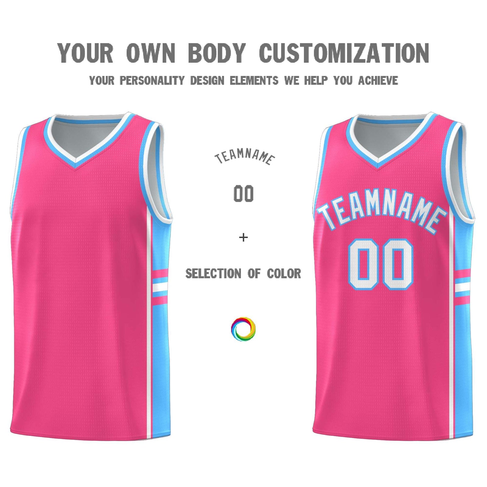 Custom Youth Basketball Jersey - Pink Powder Blue Two-Tone Classic Varsity Uniform