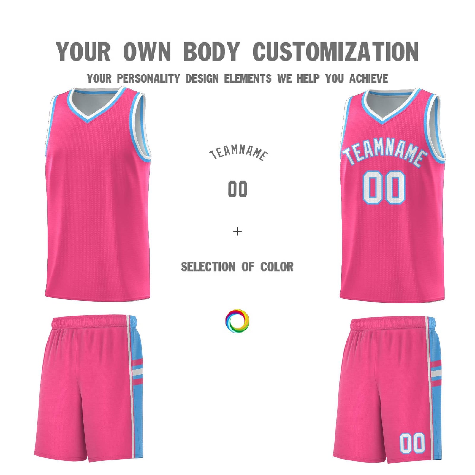 Custom Youth Basketball Jersey - Pink Powder Blue Two-Tone Classic Varsity Uniform