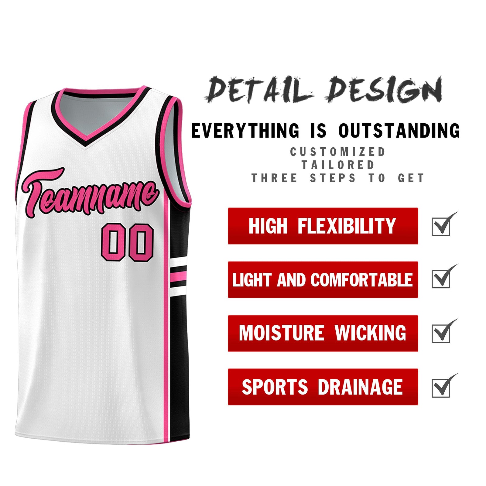 Custom Youth Basketball Jersey - White Pink Personalized Varsity Two-Tone Uniform