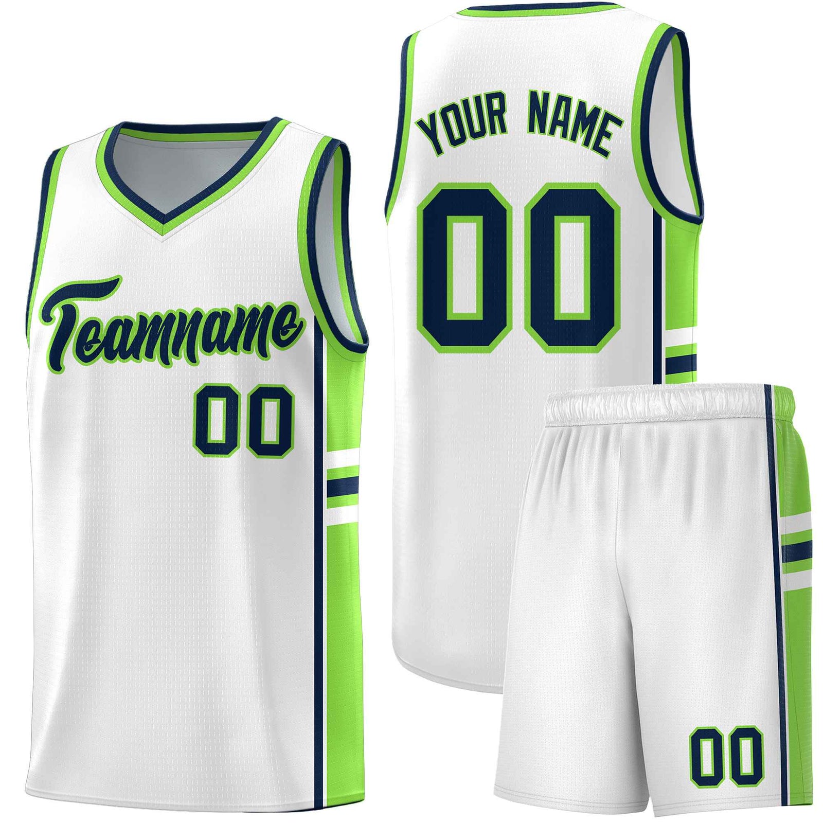 Custom Youth Basketball Jersey - White Fluorescent Green Two-Tone Varsity Jersey Set