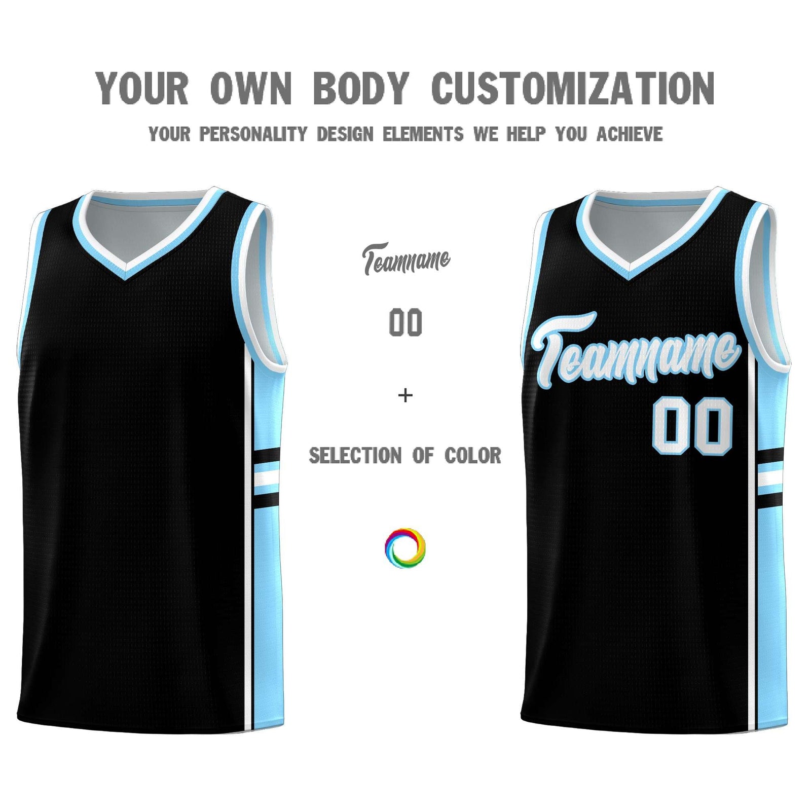 Custom Youth Basketball Jersey - Black Light Blue Two-Tone Classic Varsity Uniform