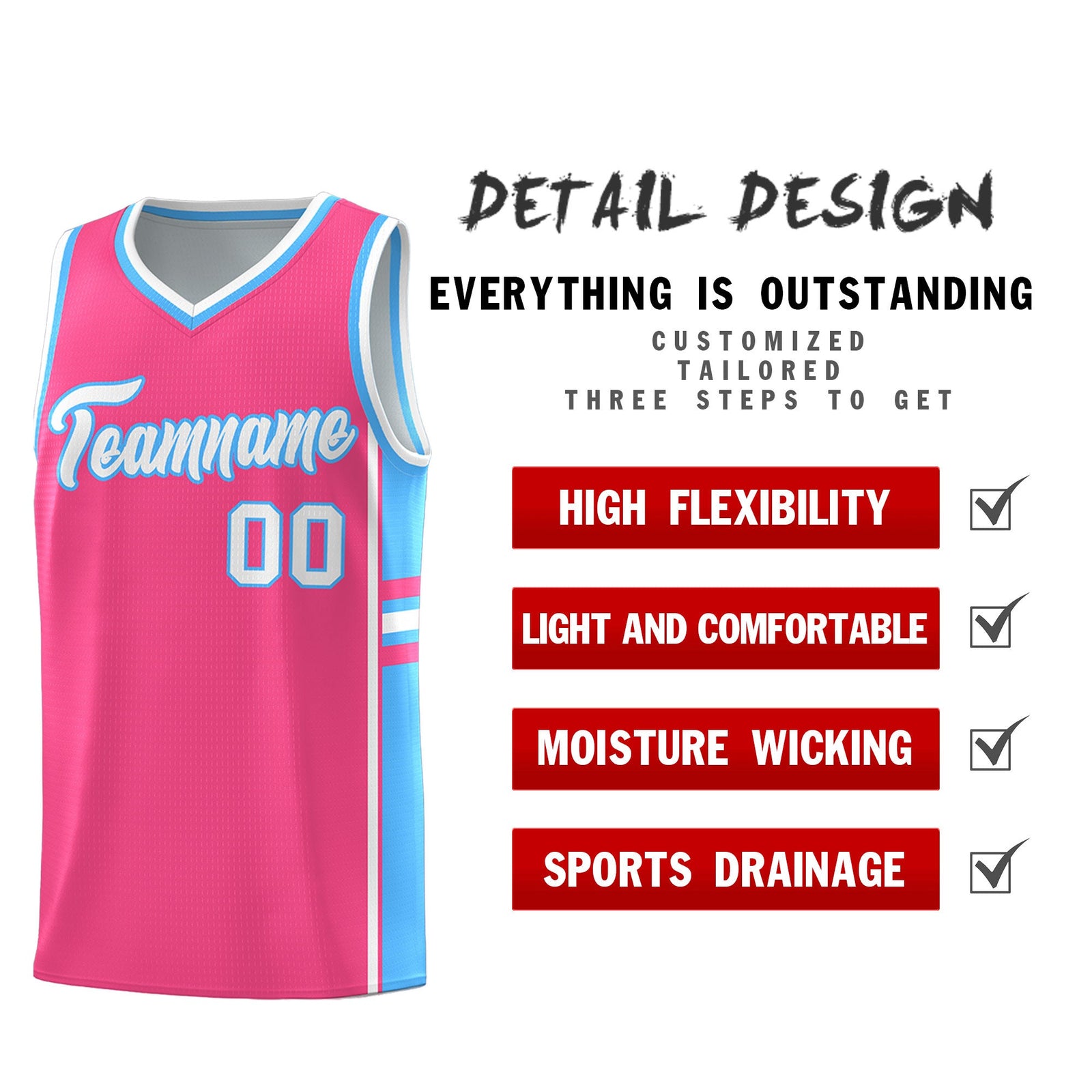 Custom Youth Basketball Jersey - Pink Powder Blue Two-Tone Classic Varsity Uniform