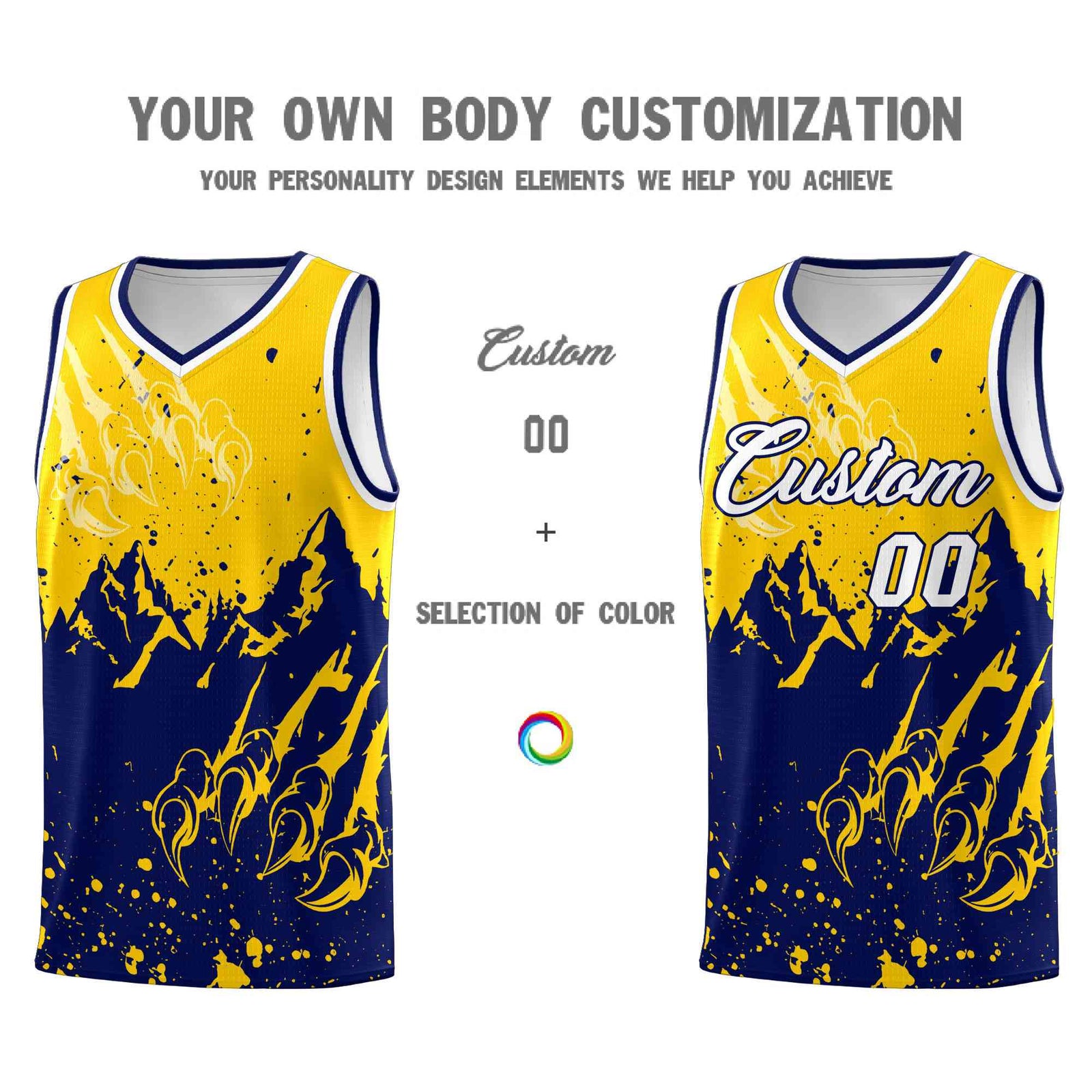 Custom Gold Navy Snow Mountain Beast Pattern Sports Uniform Basketball Jersey