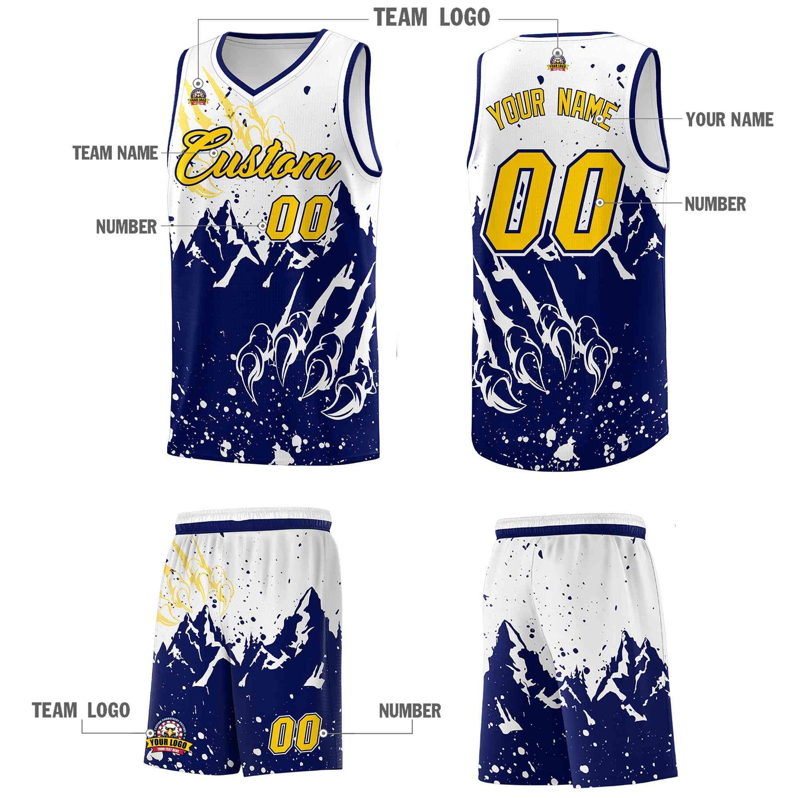 Custom White Navy Snow Mountain Beast Pattern Sports Uniform Basketball Jersey