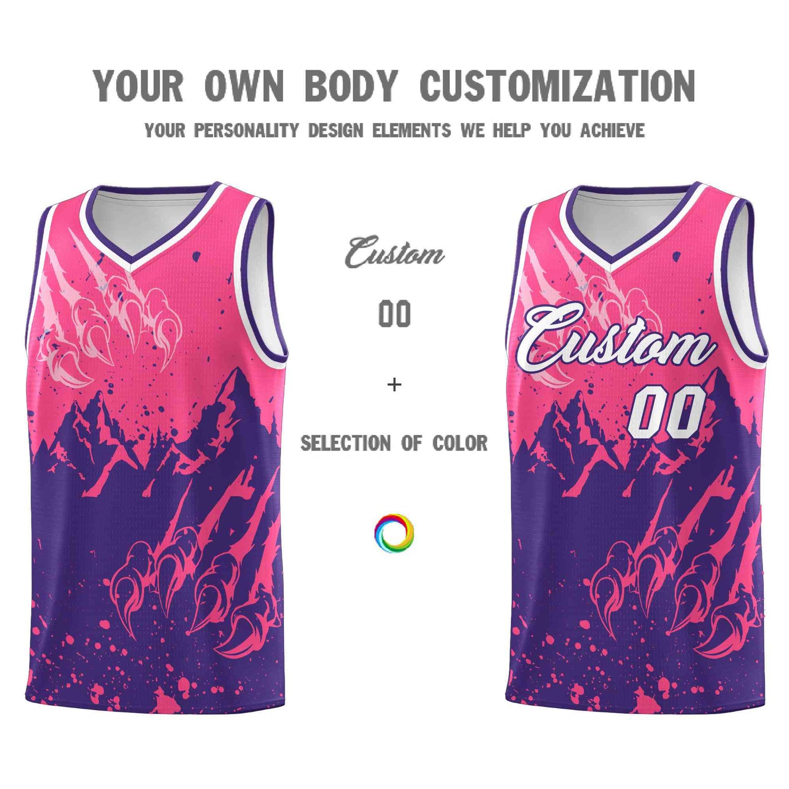 Custom Pink Purple Snow Mountain Beast Pattern Sports Uniform Basketball Jersey