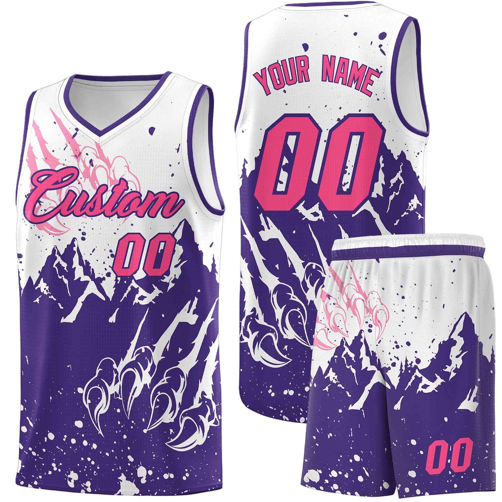 Custom White Purple Snow Mountain Beast Pattern Sports Uniform Basketball Jersey