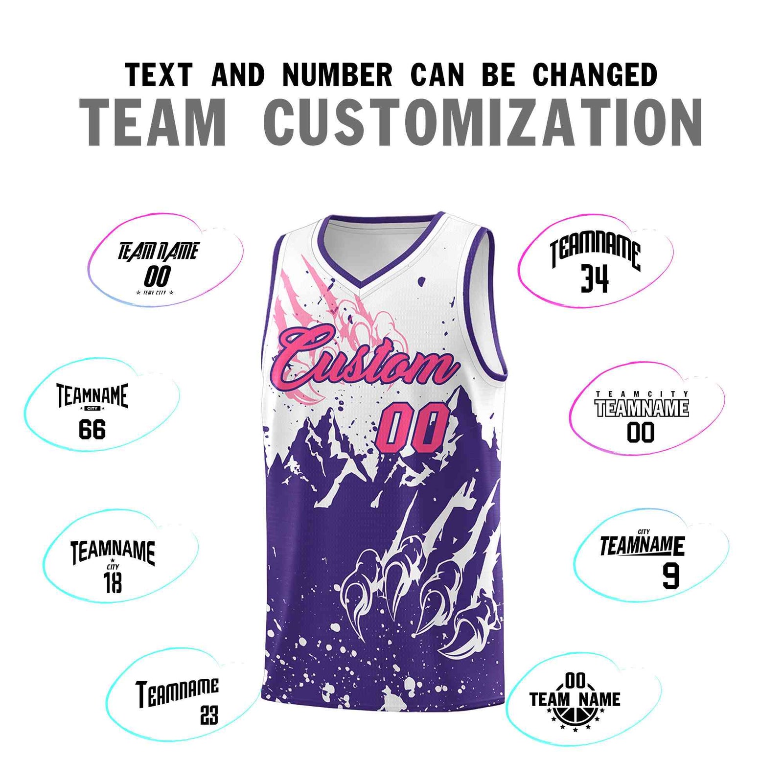 Custom White Purple Snow Mountain Beast Pattern Sports Uniform Basketball Jersey
