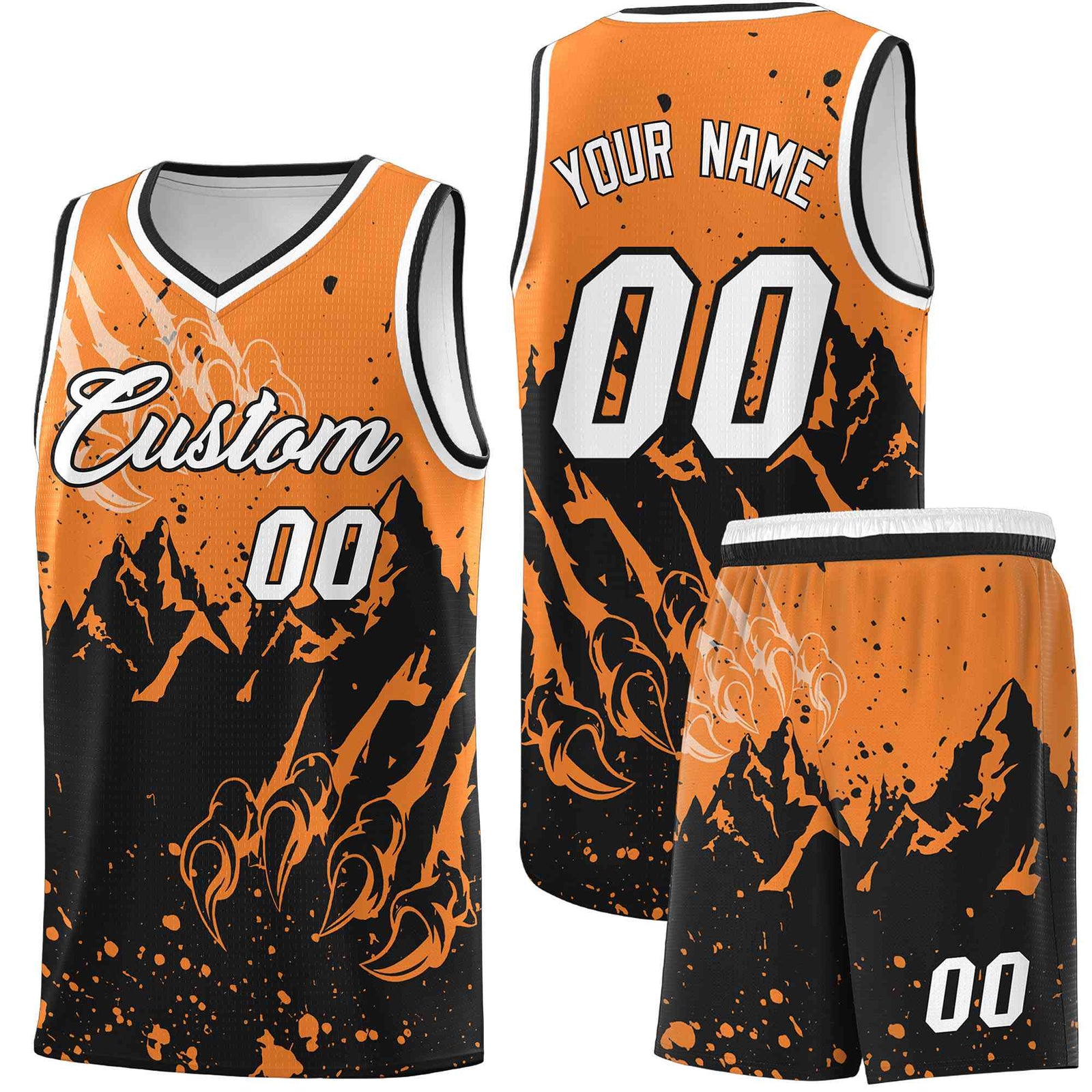 Custom Gold Orange Black Snow Mountain Beast Pattern Sports Uniform Basketball Jersey