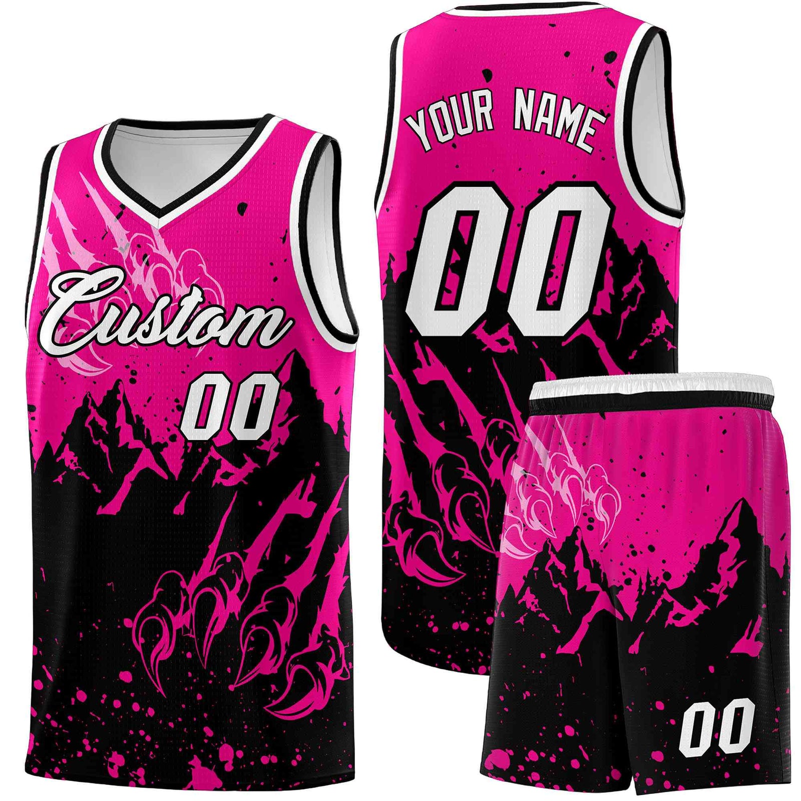 Custom Pink Black Snow Mountain Beast Pattern Sports Uniform Basketball Jersey