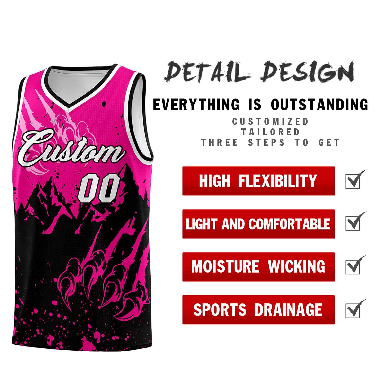 Custom Pink Black Snow Mountain Beast Pattern Sports Uniform Basketball Jersey