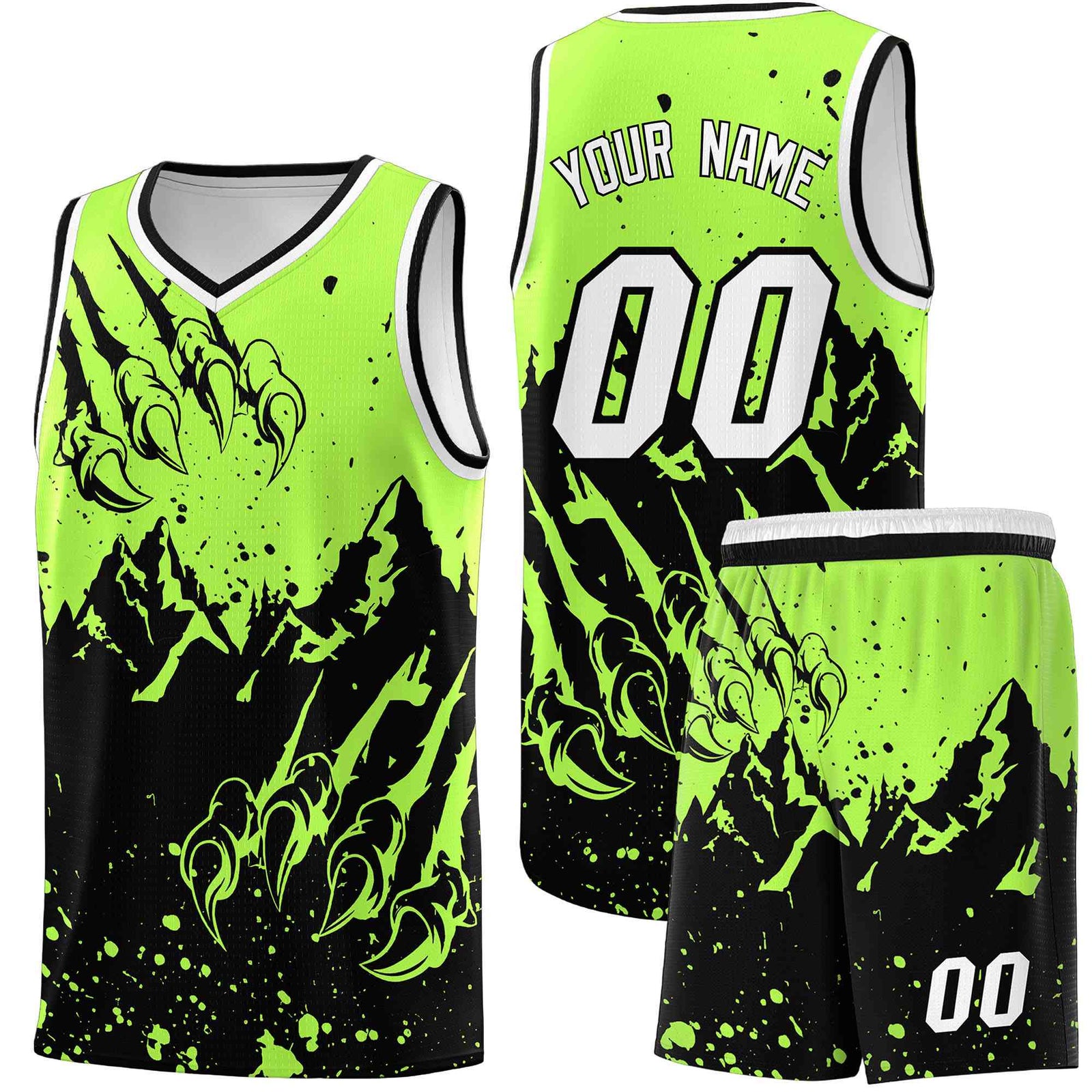 Custom Fluorescent Green Black Snow Mountain Beast Pattern Sports Uniform Basketball Jersey