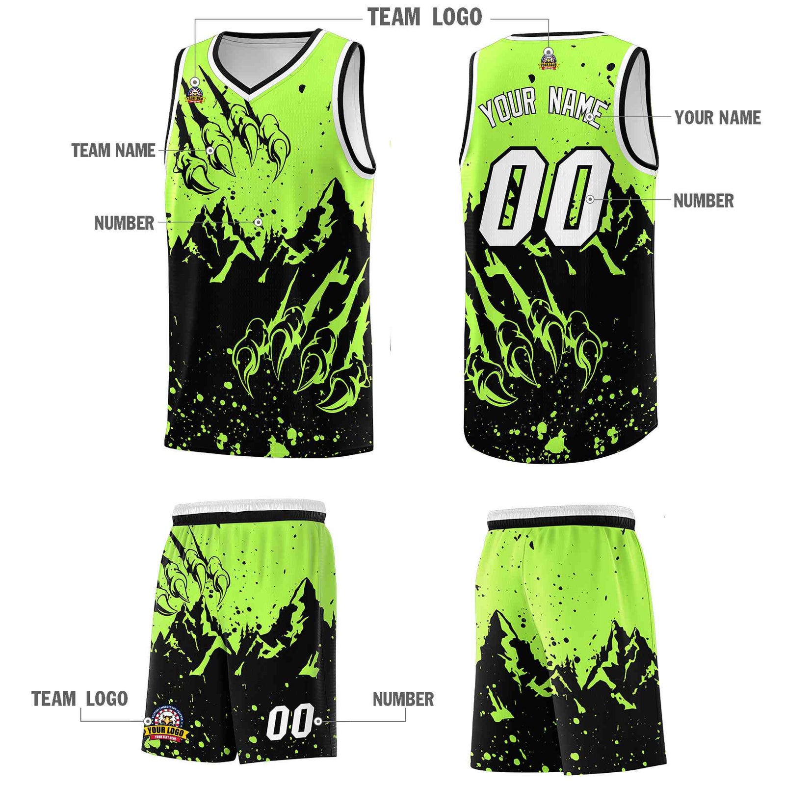 Custom Fluorescent Green Black Snow Mountain Beast Pattern Sports Uniform Basketball Jersey