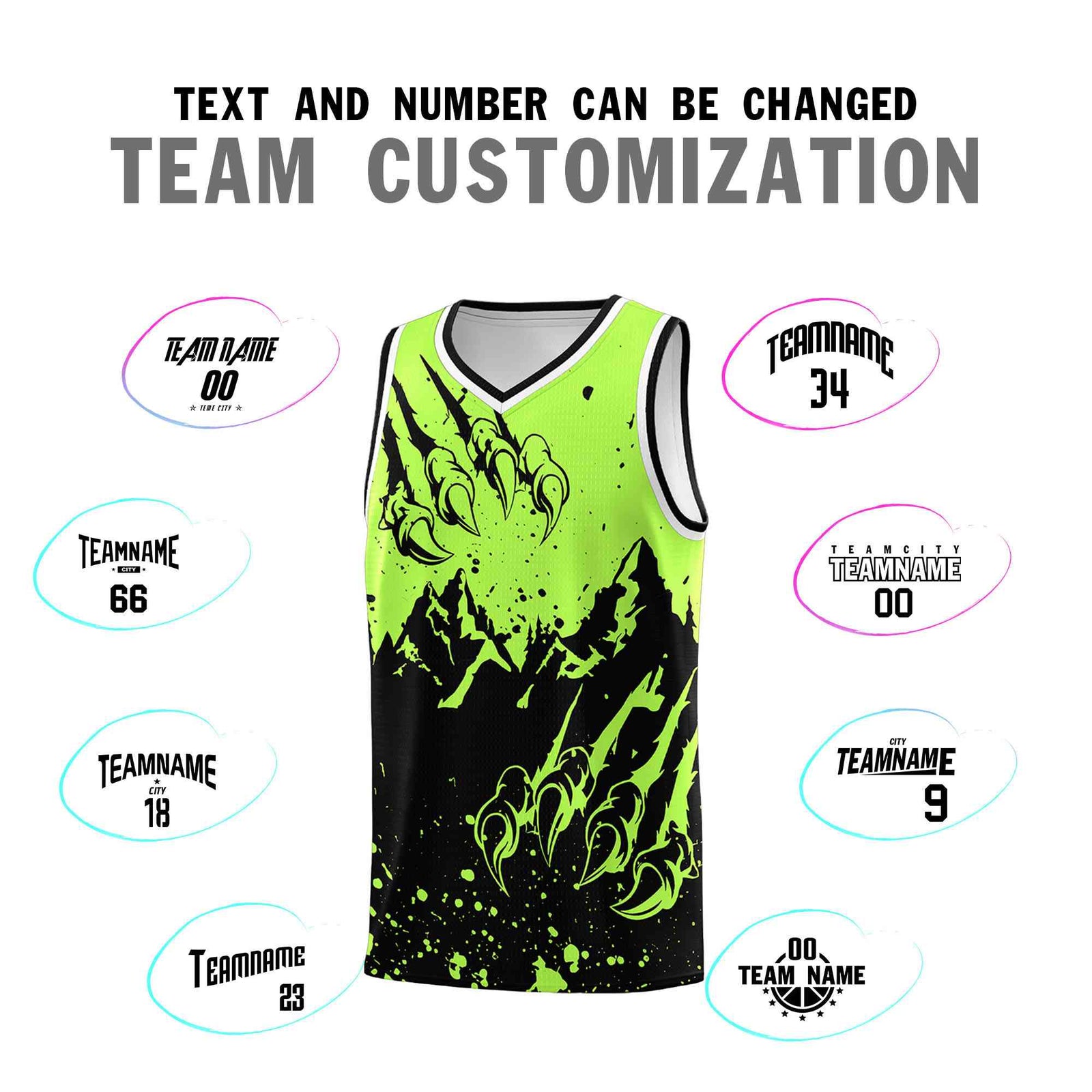 Custom Fluorescent Green Black Snow Mountain Beast Pattern Sports Uniform Basketball Jersey