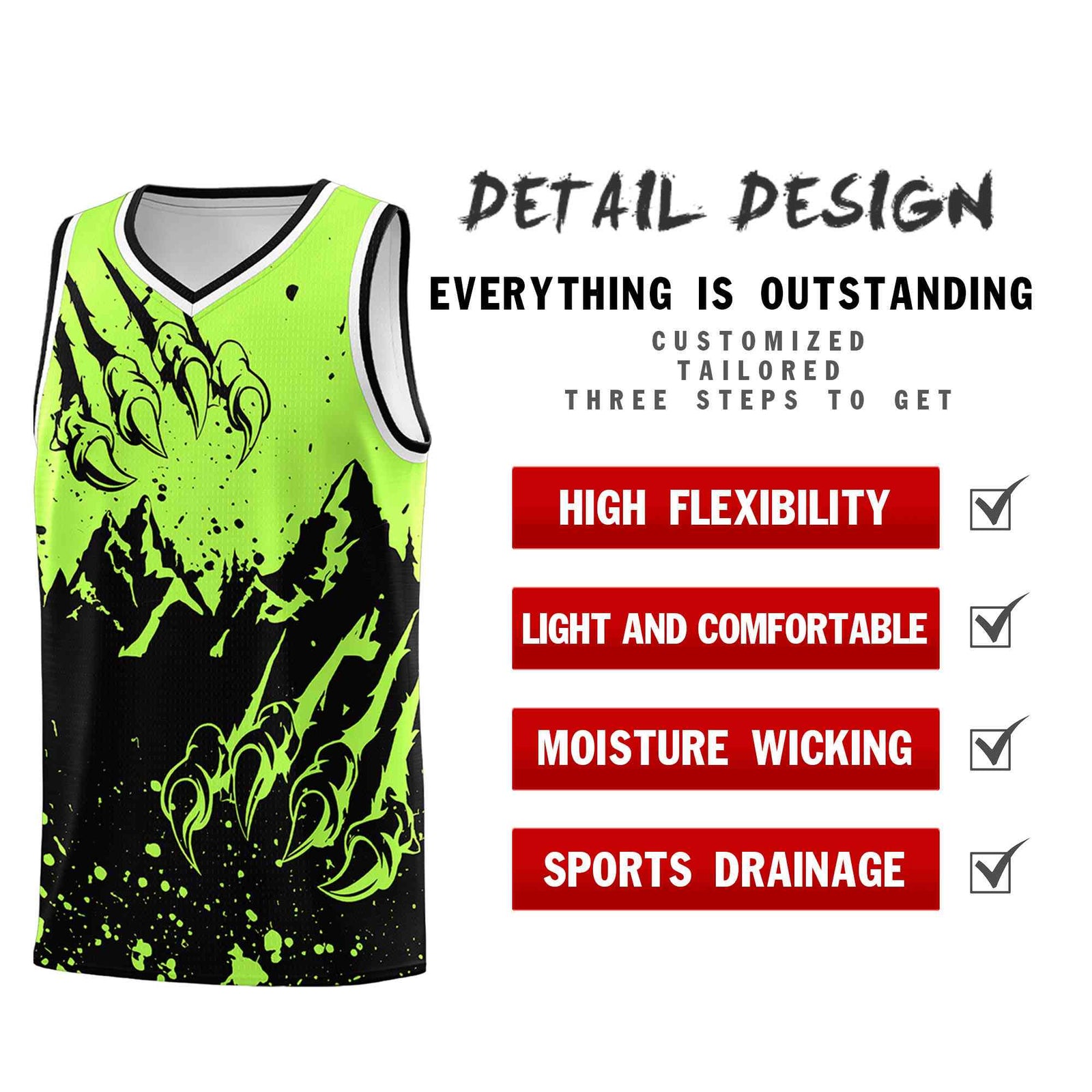Custom Fluorescent Green Black Snow Mountain Beast Pattern Sports Uniform Basketball Jersey