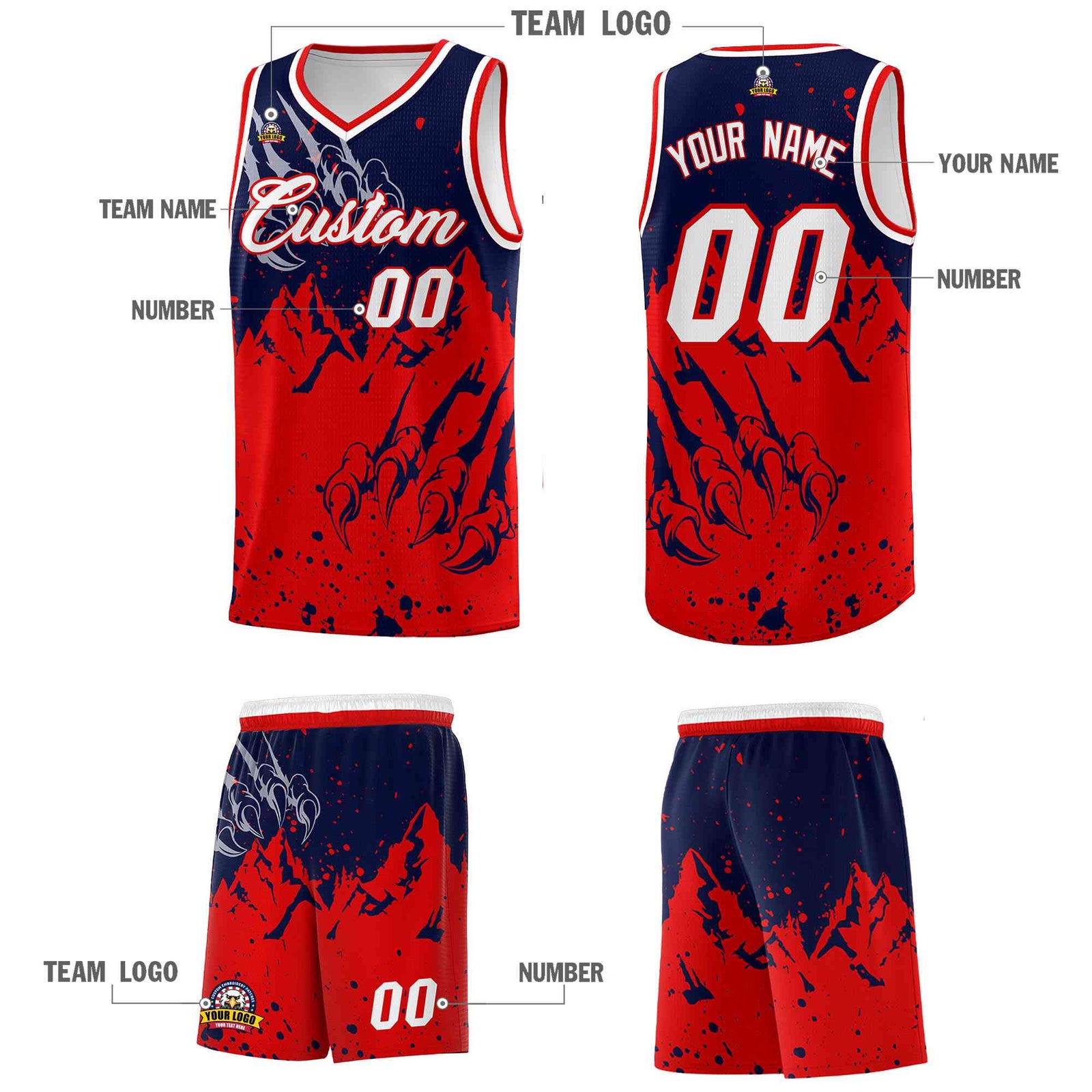 Custom Navy Red Snow Mountain Beast Pattern Sports Uniform Basketball Jersey
