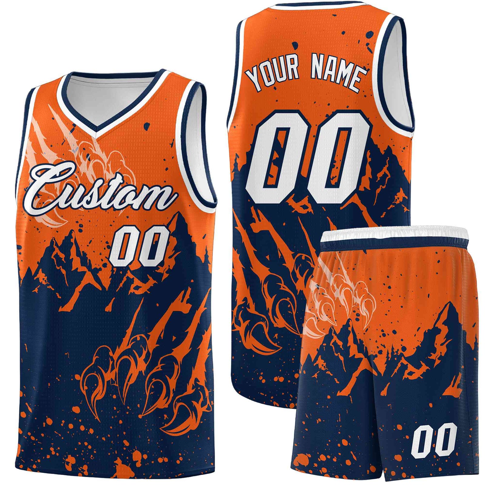 Custom Orange Navy Snow Mountain Beast Pattern Sports Uniform Basketball Jersey