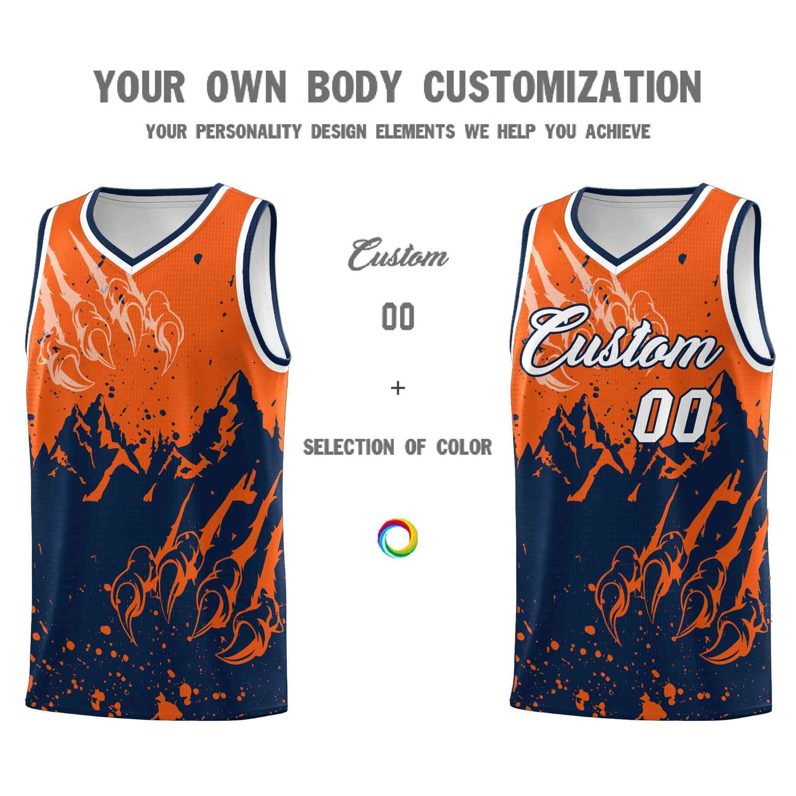 Custom Orange Navy Snow Mountain Beast Pattern Sports Uniform Basketball Jersey