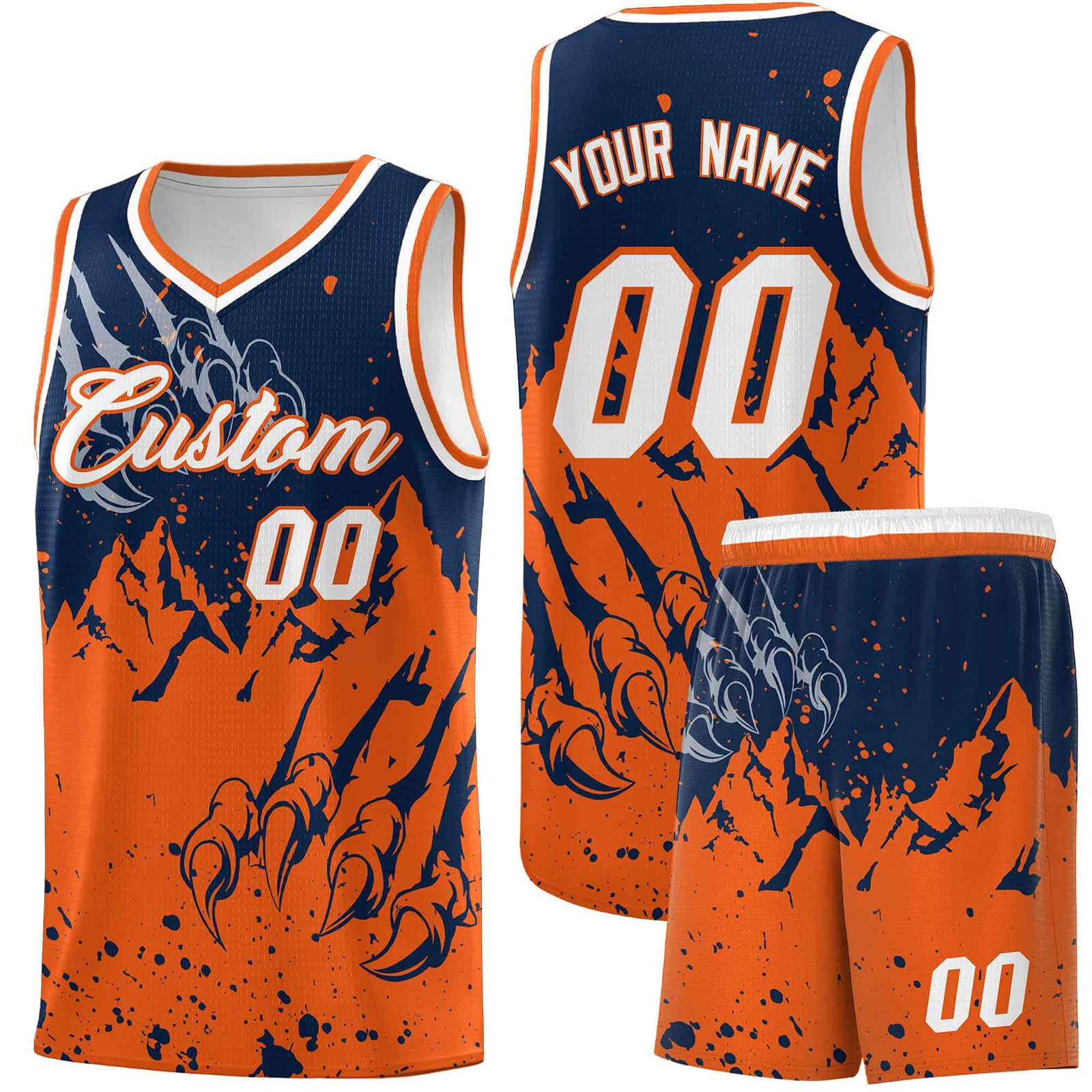 Custom Navy Orange Snow Mountain Beast Pattern Sports Uniform Basketball Jersey