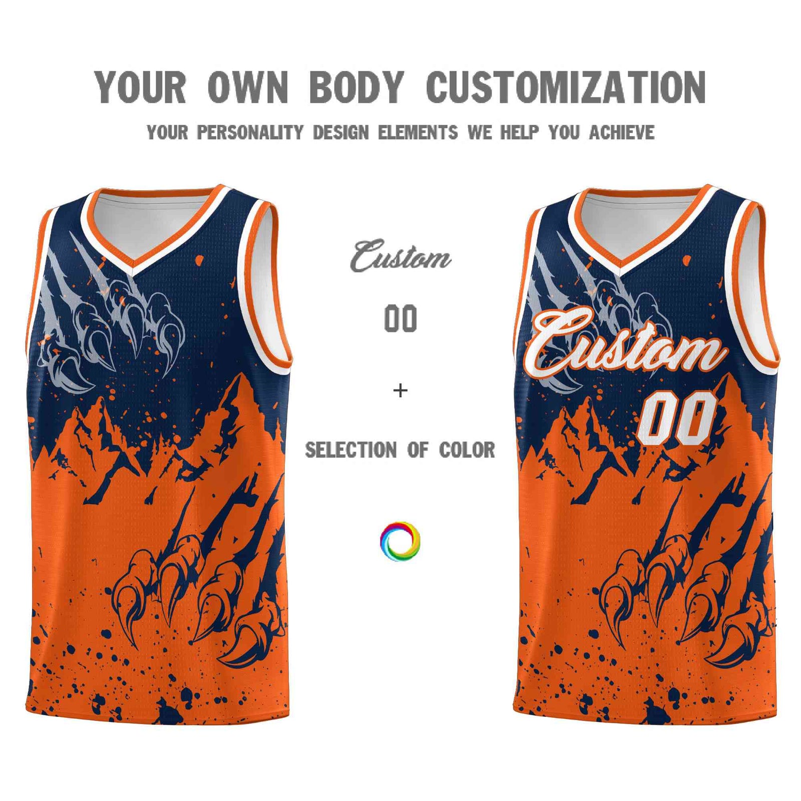 Custom Navy Orange Snow Mountain Beast Pattern Sports Uniform Basketball Jersey