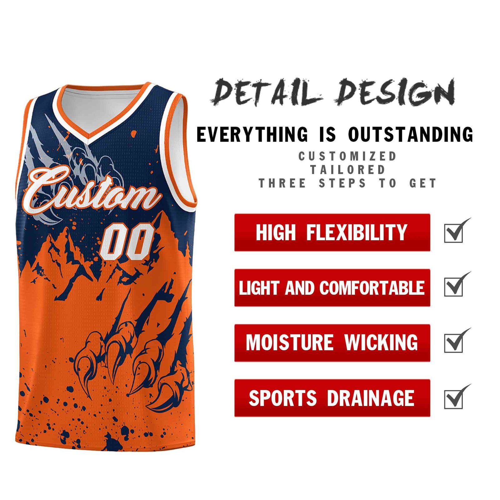 Custom Navy Orange Snow Mountain Beast Pattern Sports Uniform Basketball Jersey