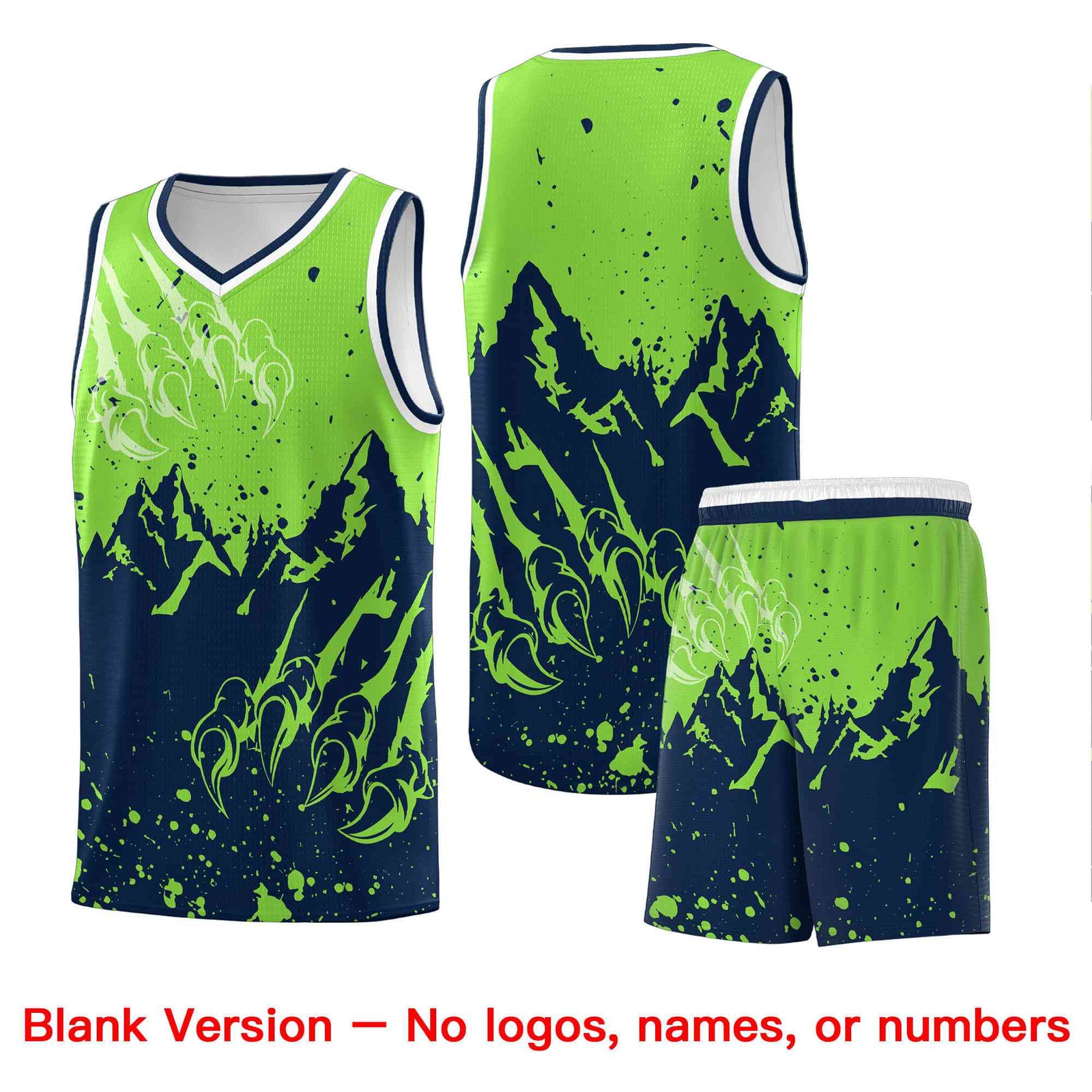 Custom Fluorescent Green Navy Snow Mountain Beast Pattern Sports Uniform Basketball Jersey