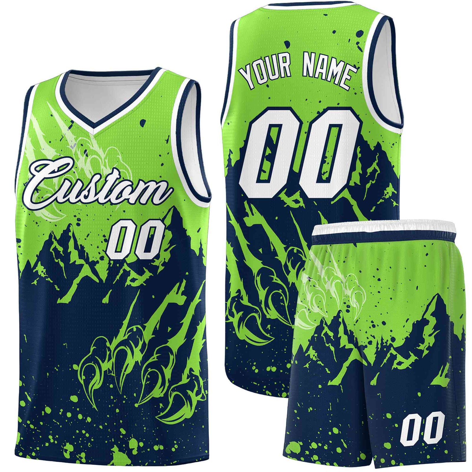 Custom Fluorescent Green Navy Snow Mountain Beast Pattern Sports Uniform Basketball Jersey