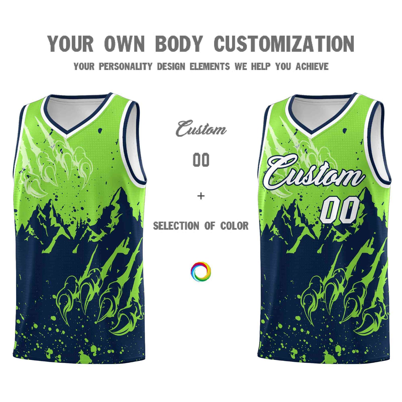 Custom Fluorescent Green Navy Snow Mountain Beast Pattern Sports Uniform Basketball Jersey