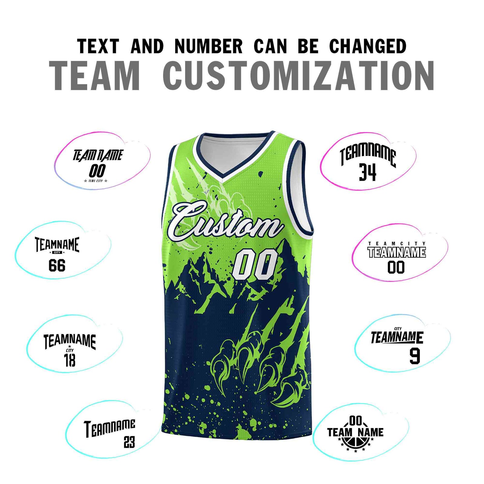 Custom Fluorescent Green Navy Snow Mountain Beast Pattern Sports Uniform Basketball Jersey