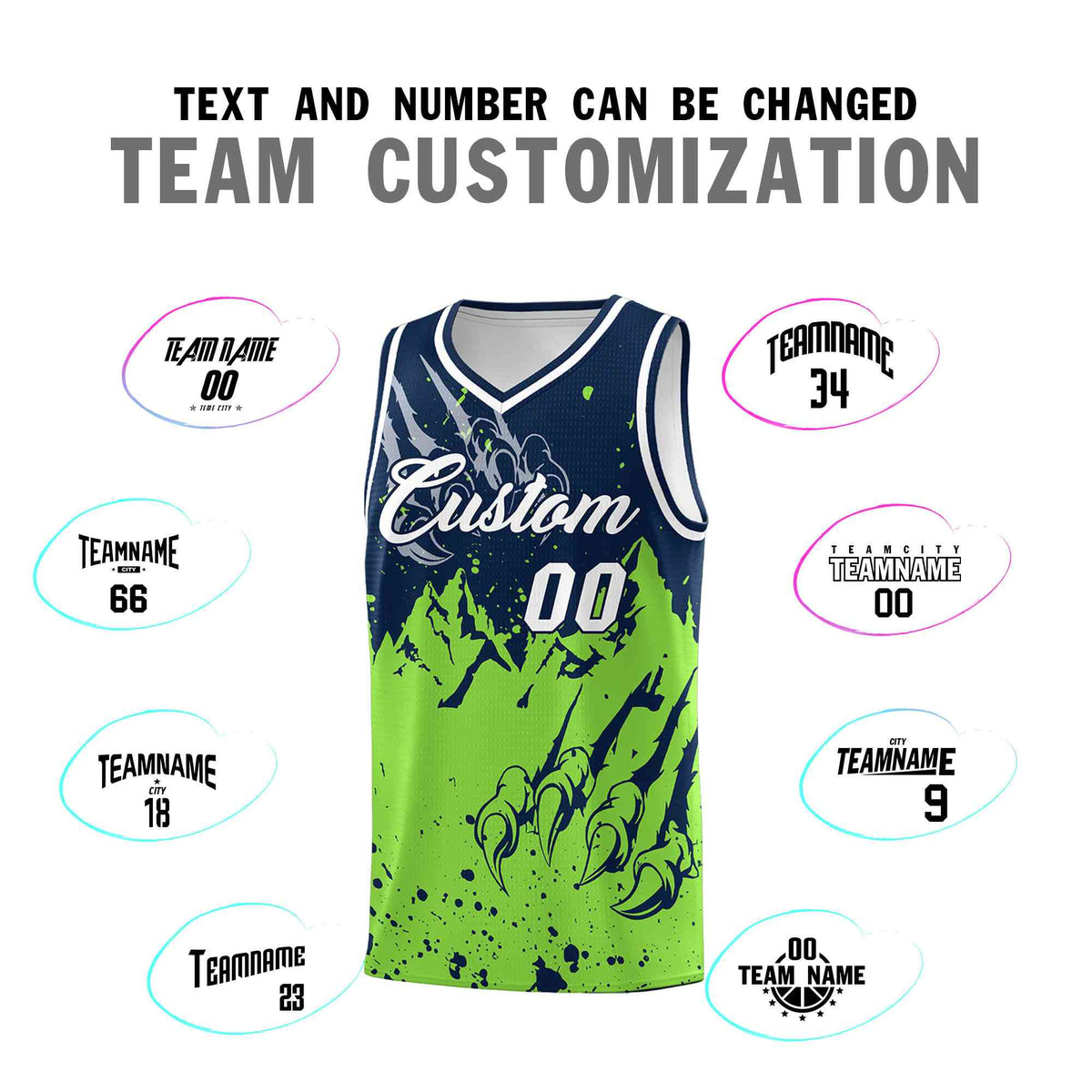Custom Navy Fluorescent Green Snow Mountain Beast Pattern Sports Uniform Basketball Jersey