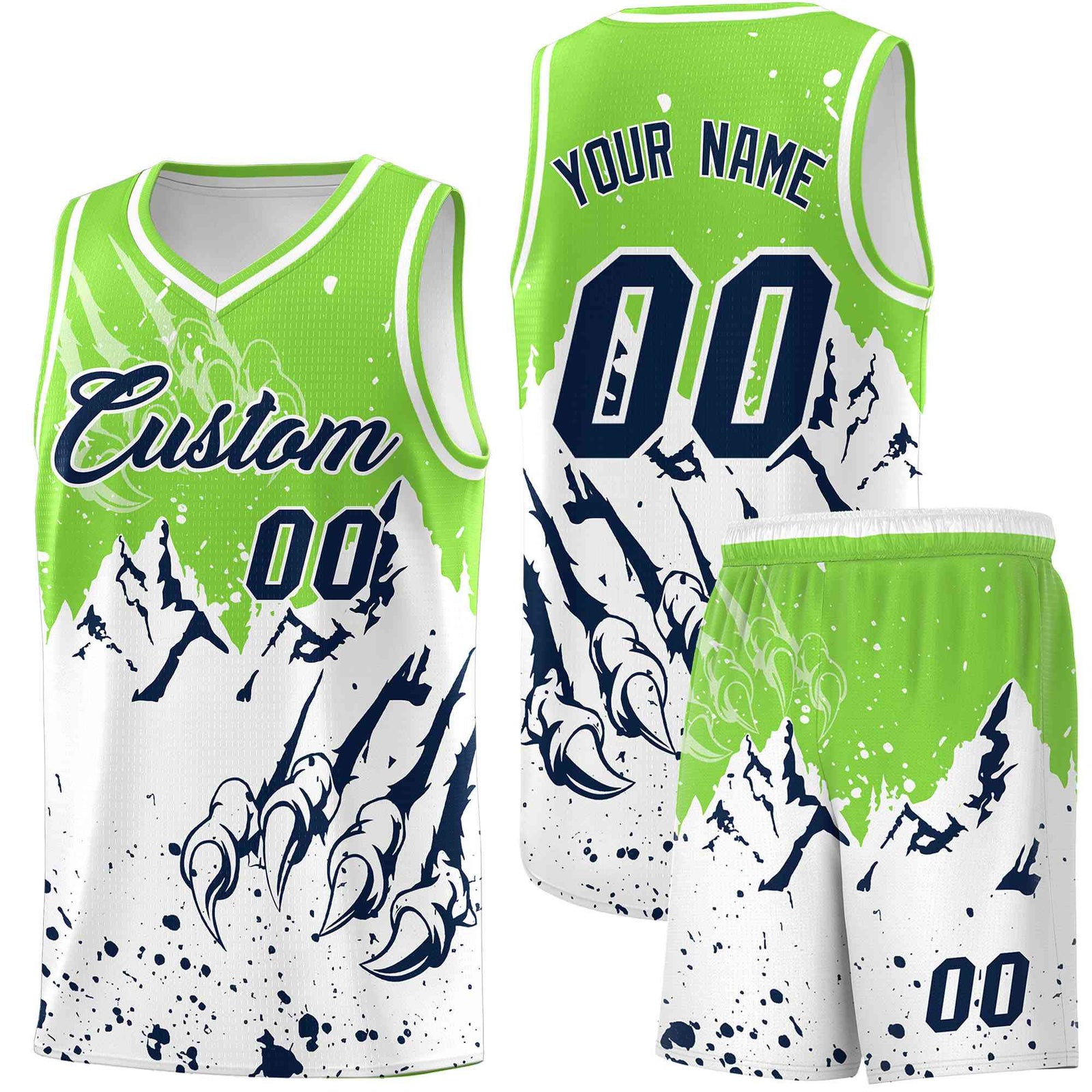 Custom Fluorescent Green White Snow Mountain Beast Pattern Sports Uniform Basketball Jersey
