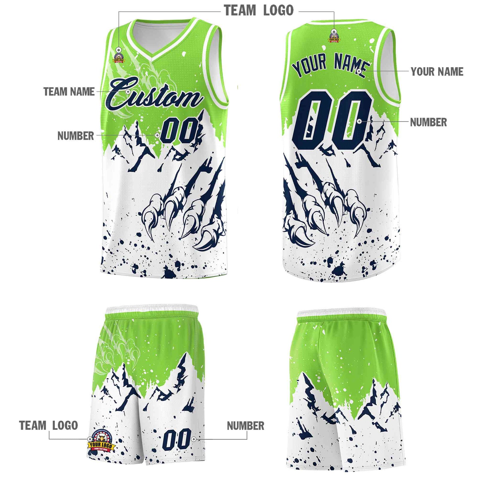 Custom Fluorescent Green White Snow Mountain Beast Pattern Sports Uniform Basketball Jersey