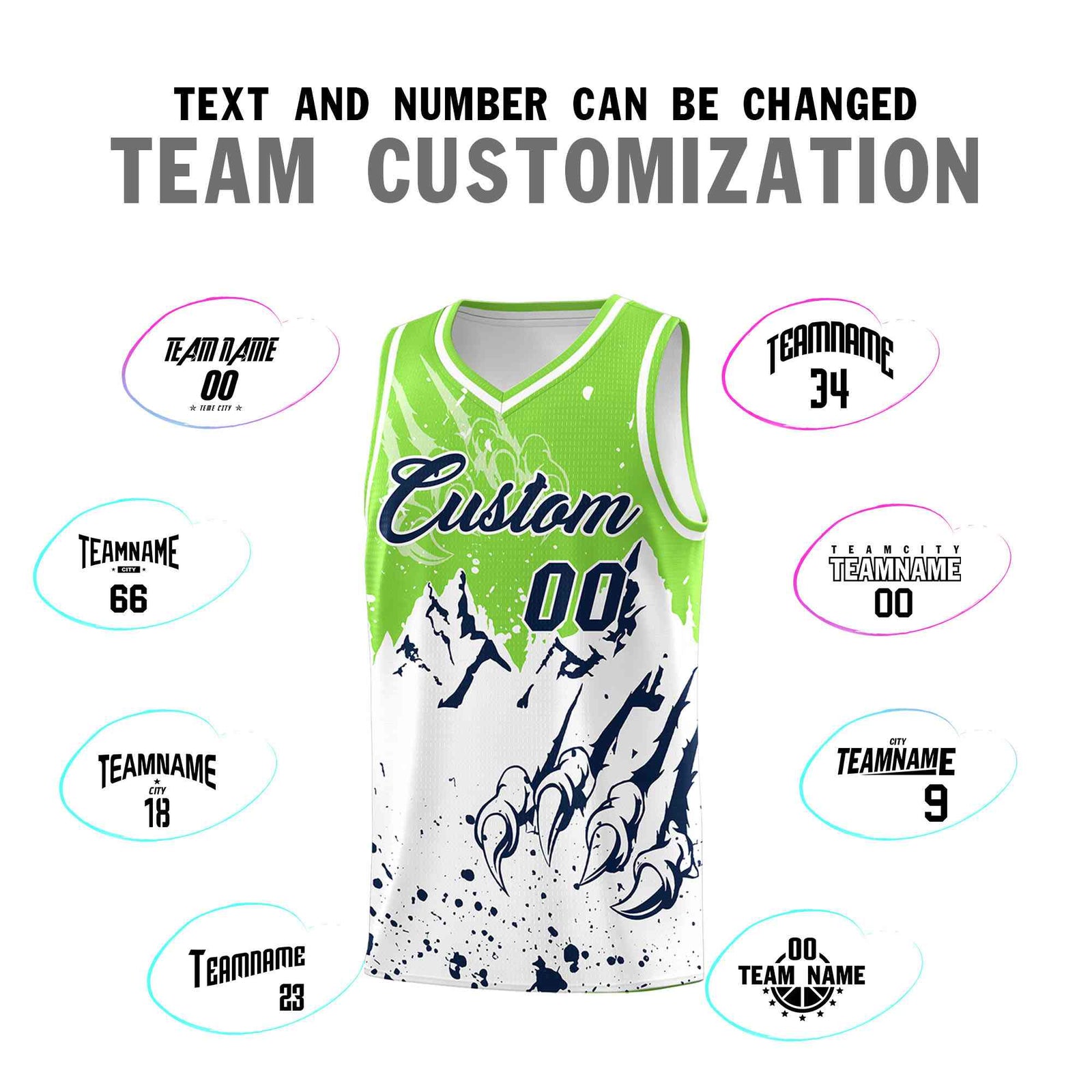 Custom Fluorescent Green White Snow Mountain Beast Pattern Sports Uniform Basketball Jersey