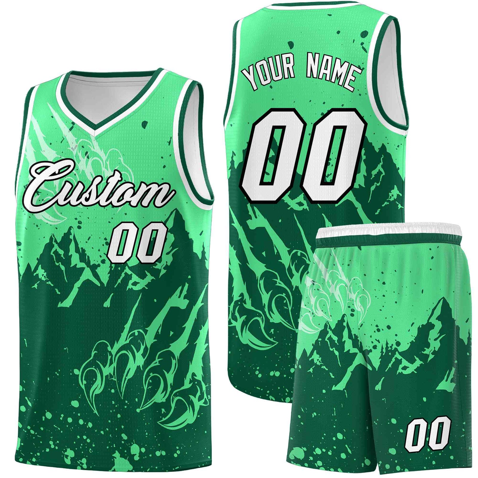 Custom Green Kelly Green Snow Mountain Beast Pattern Sports Uniform Basketball Jersey