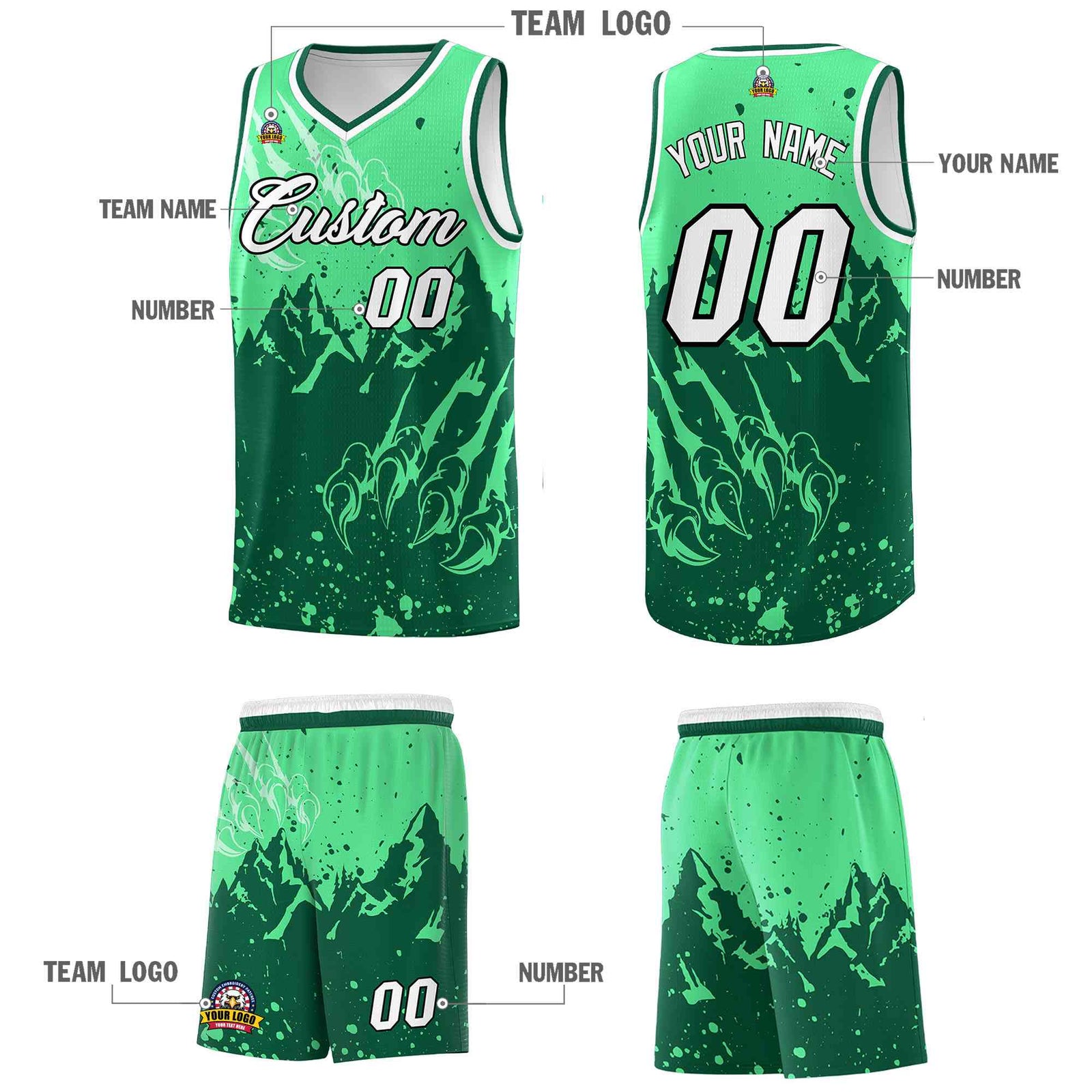 Custom Green Kelly Green Snow Mountain Beast Pattern Sports Uniform Basketball Jersey