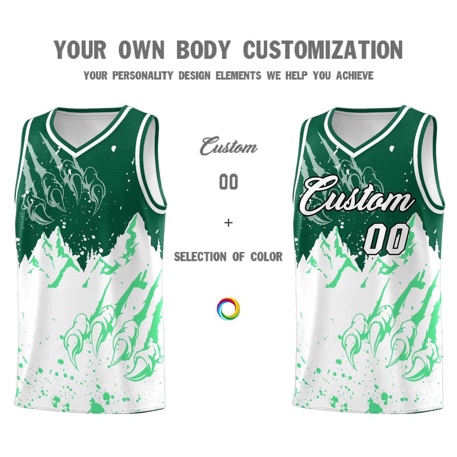 Custom Kelly Green White Snow Mountain Beast Pattern Sports Uniform Basketball Jersey