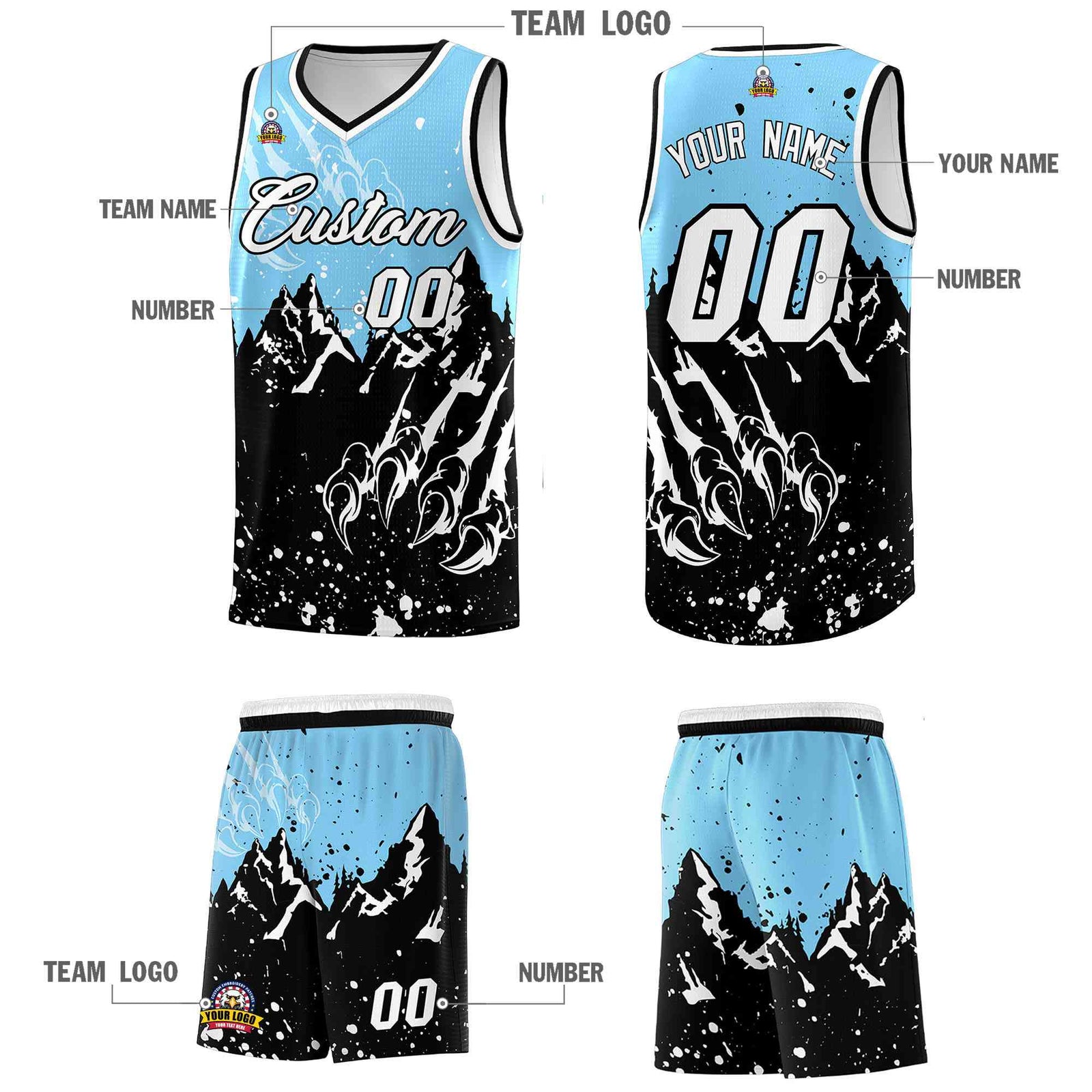 Custom Light Blue Black Snow Mountain Beast Pattern Sports Uniform Basketball Jersey