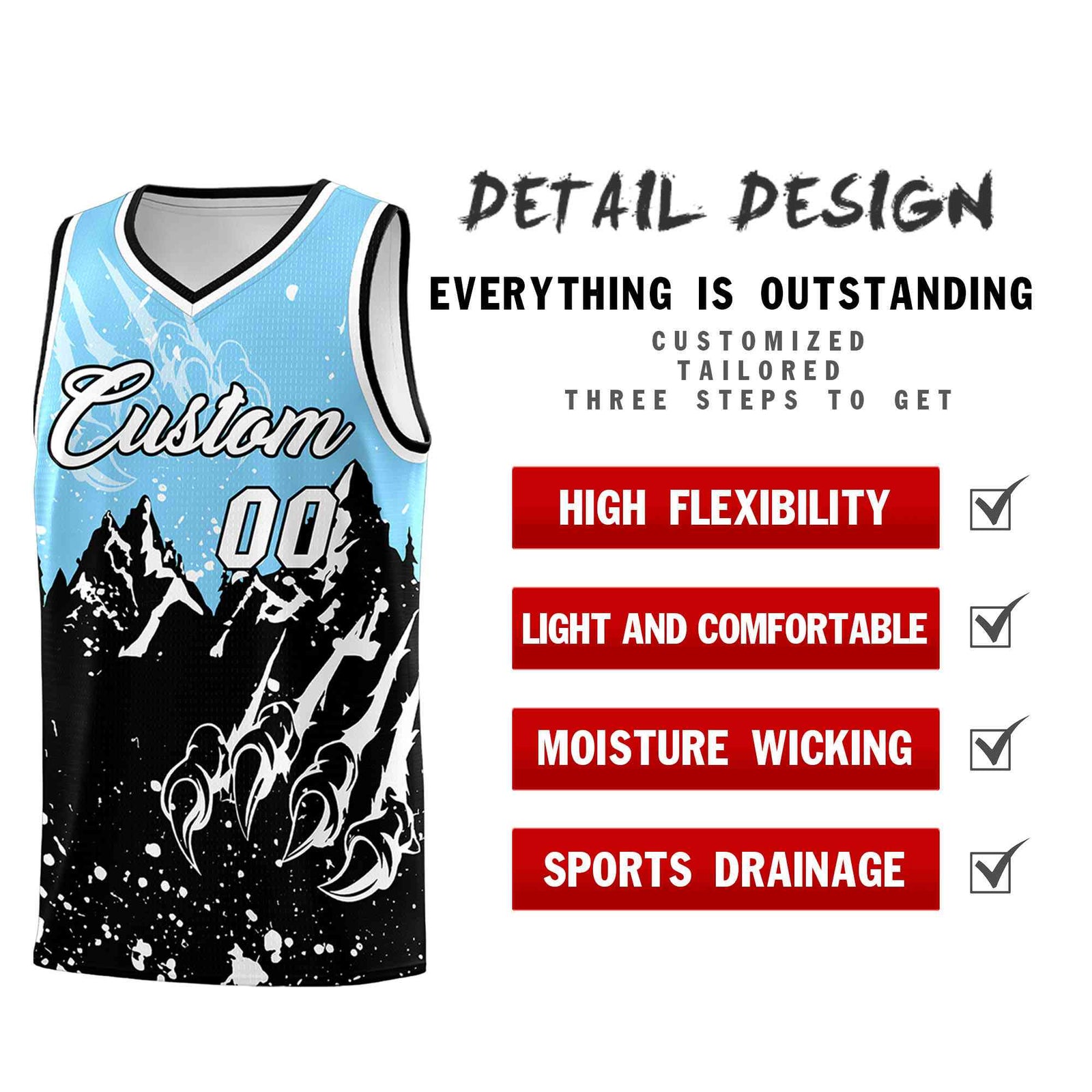 Custom Light Blue Black Snow Mountain Beast Pattern Sports Uniform Basketball Jersey