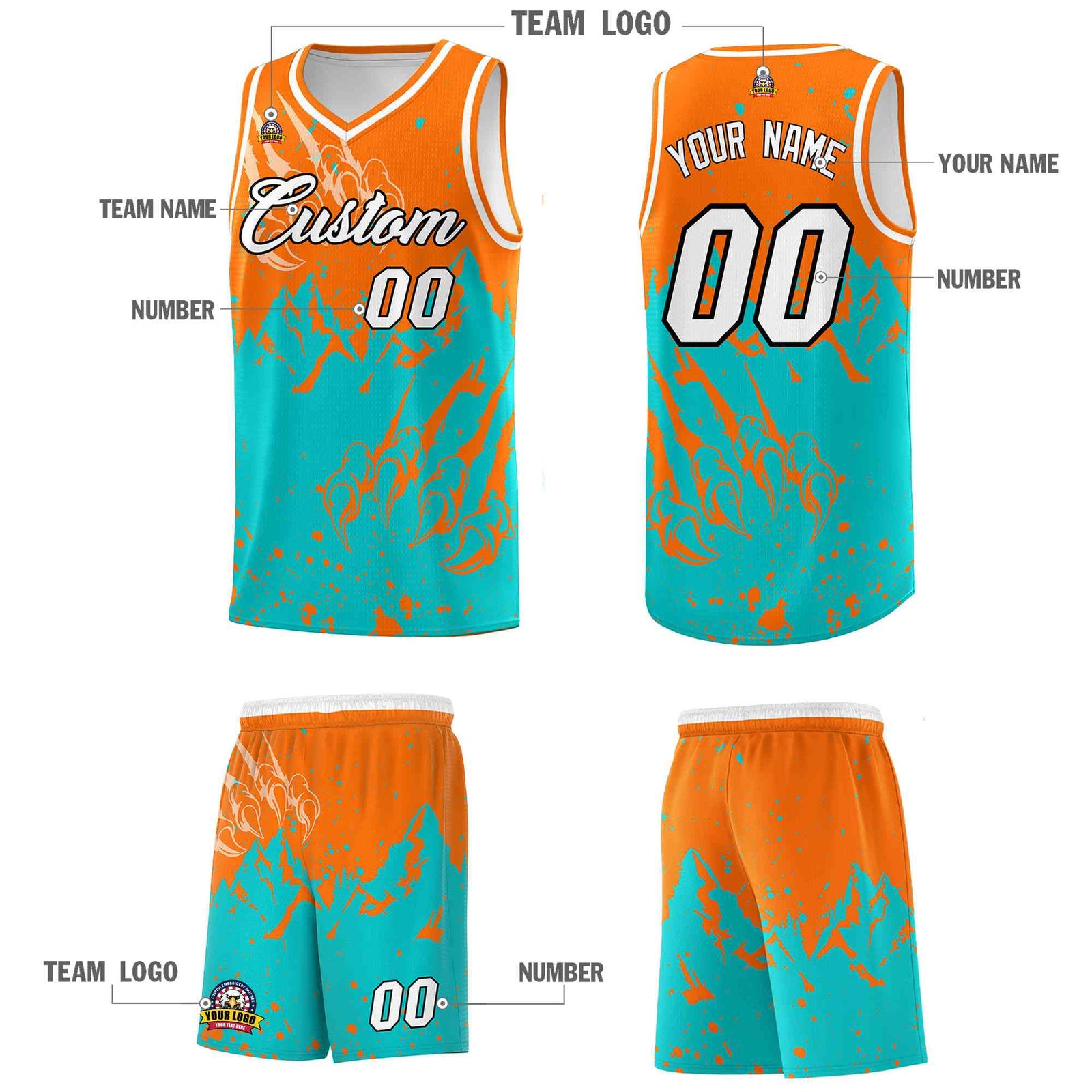 Custom Orange Aqua Snow Mountain Beast Pattern Sports Uniform Basketball Jersey