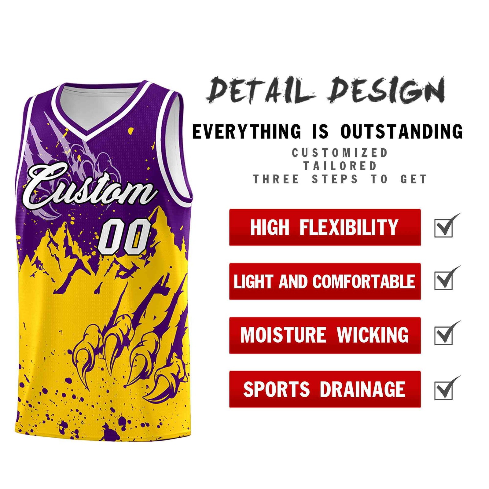 Custom Purple Gold Snow Mountain Beast Pattern Sports Uniform Basketball Jersey