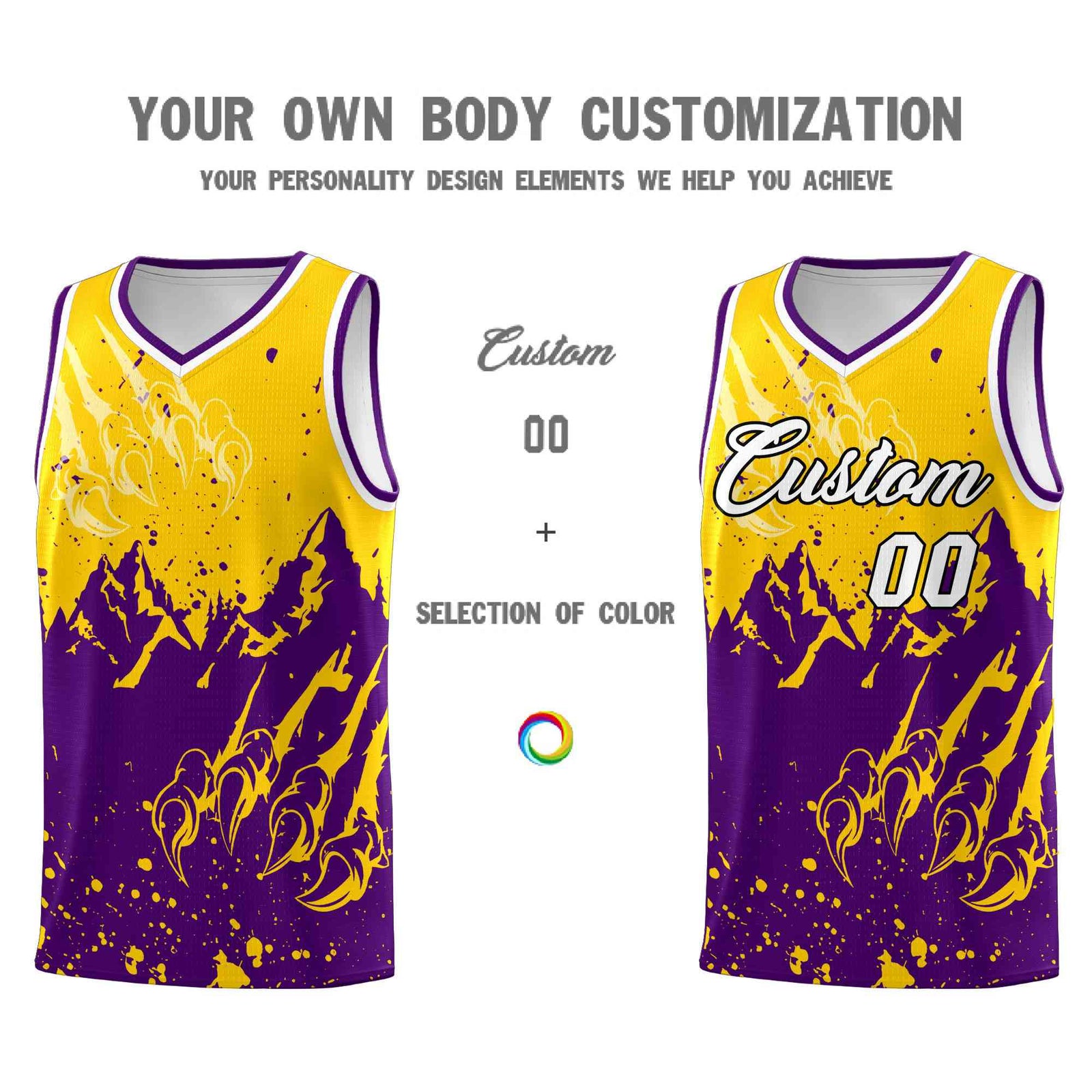Custom Gold Purple Snow Mountain Beast Pattern Sports Uniform Basketball Jersey