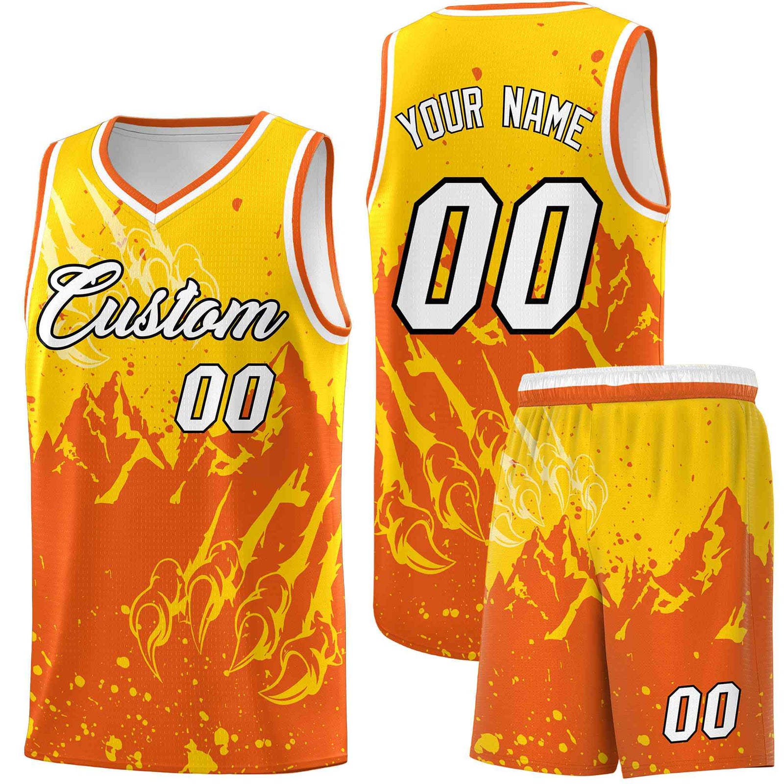 Custom Gold Orange Snow Mountain Beast Pattern Sports Uniform Basketball Jersey