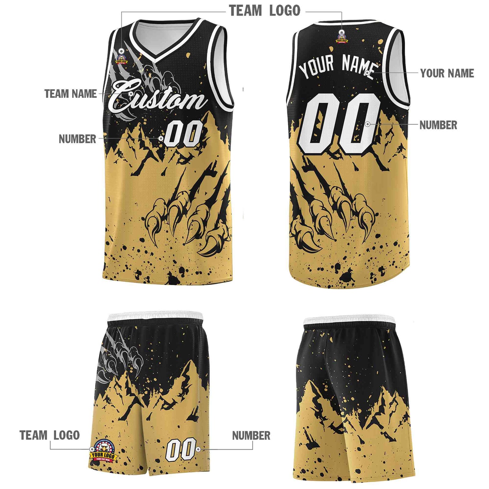 Custom Black Old Gold Snow Mountain Beast Pattern Sports Uniform Basketball Jersey