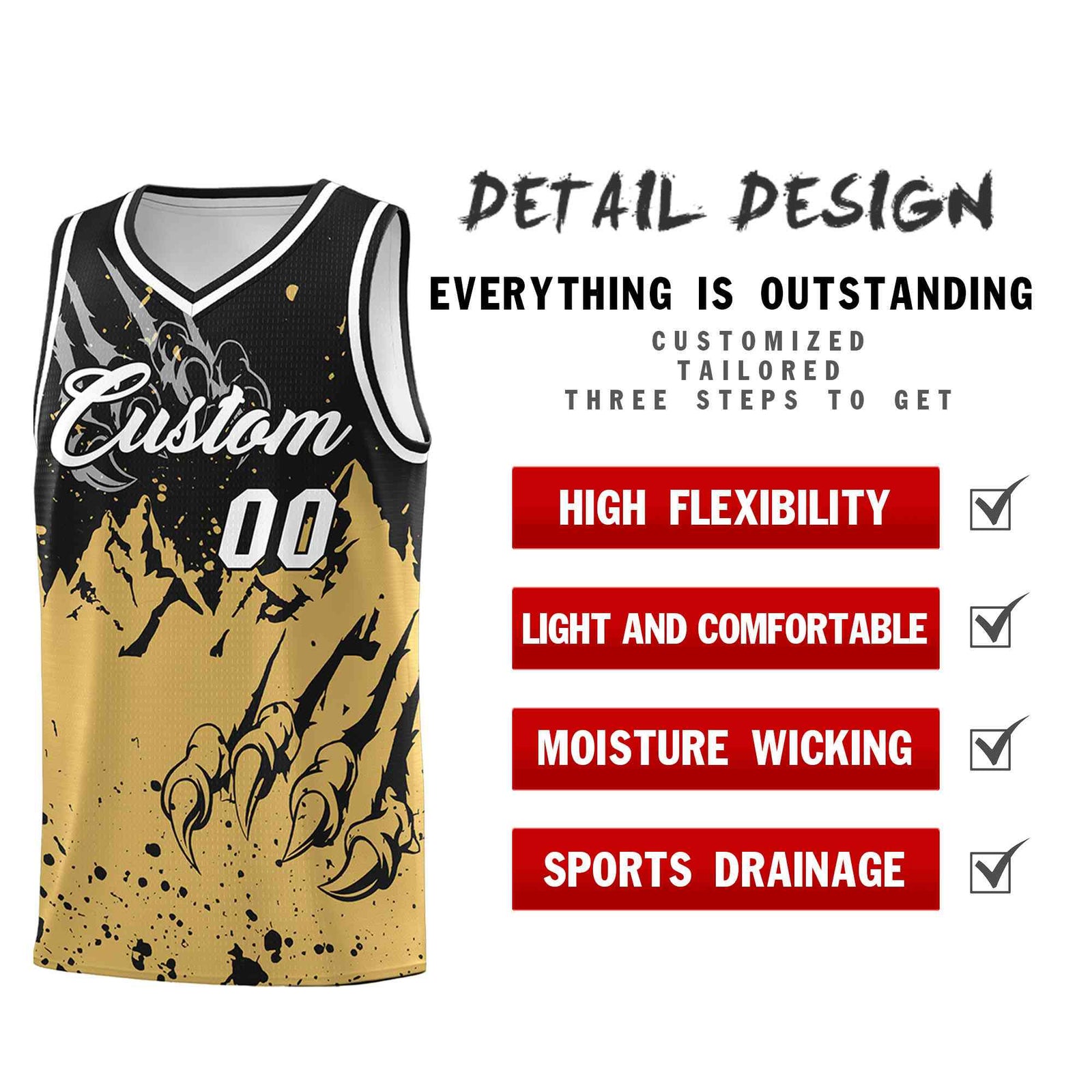 Custom Black Old Gold Snow Mountain Beast Pattern Sports Uniform Basketball Jersey