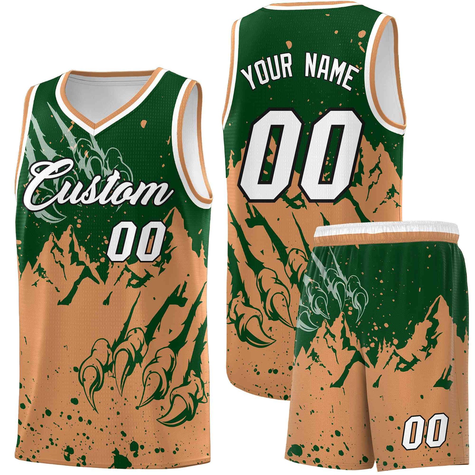Custom Green Buckskin Brown Snow Mountain Beast Pattern Sports Uniform Basketball Jersey