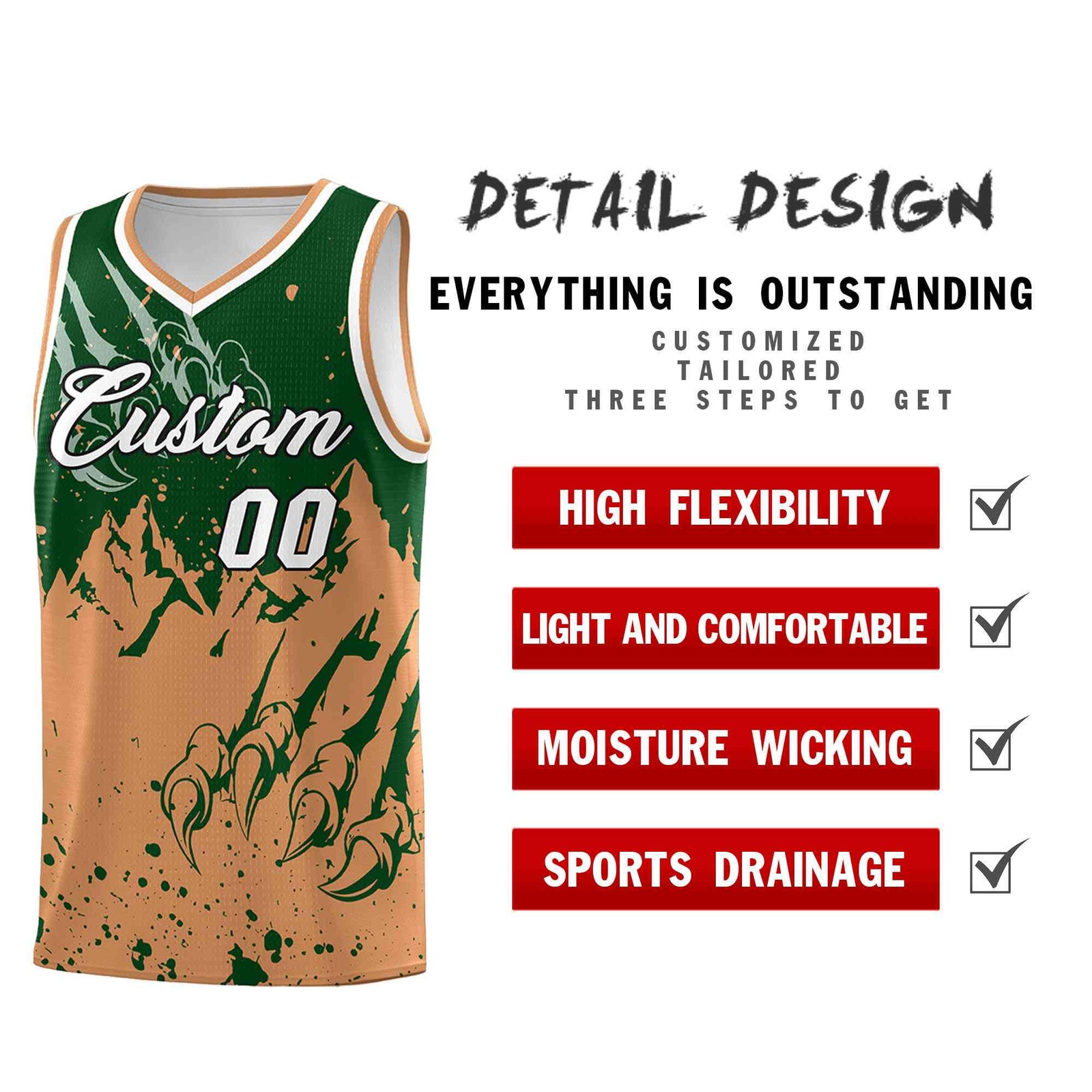 Custom Green Buckskin Brown Snow Mountain Beast Pattern Sports Uniform Basketball Jersey