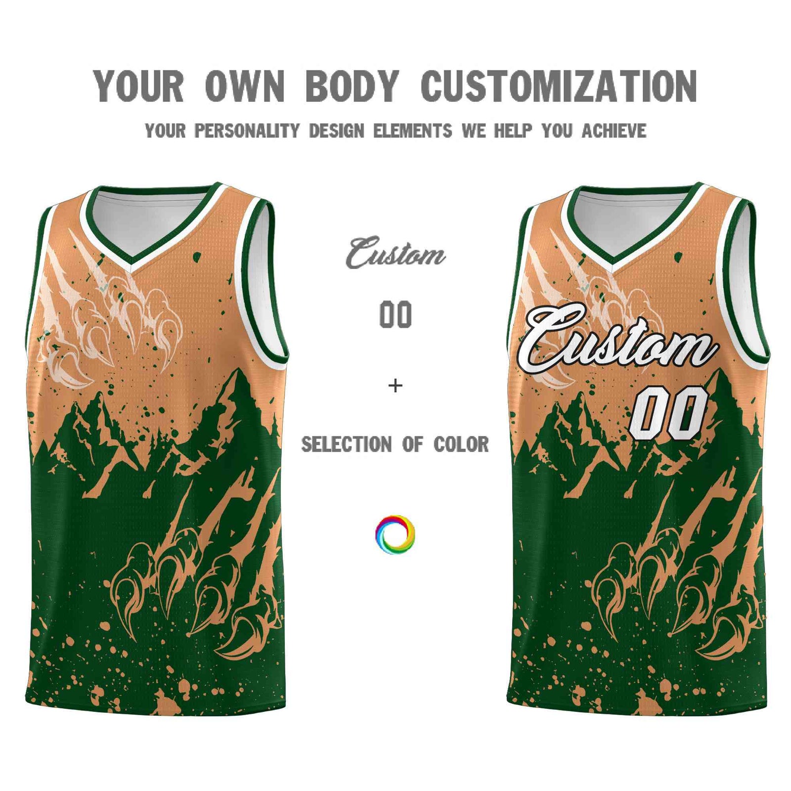 Custom Buckskin Brown Green Snow Mountain Beast Pattern Sports Uniform Basketball Jersey